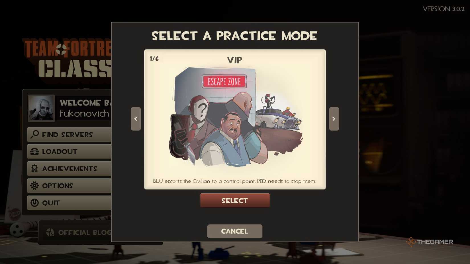 The VIP mode on the Practice Mode screen in Team Fortress 2 Classified.