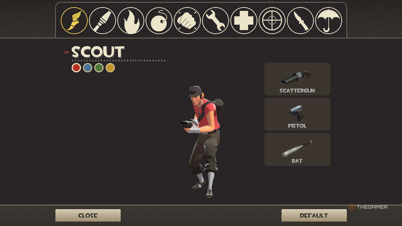 Loadout selection screen in Team Fortress 2 classifieds, showing Scout.