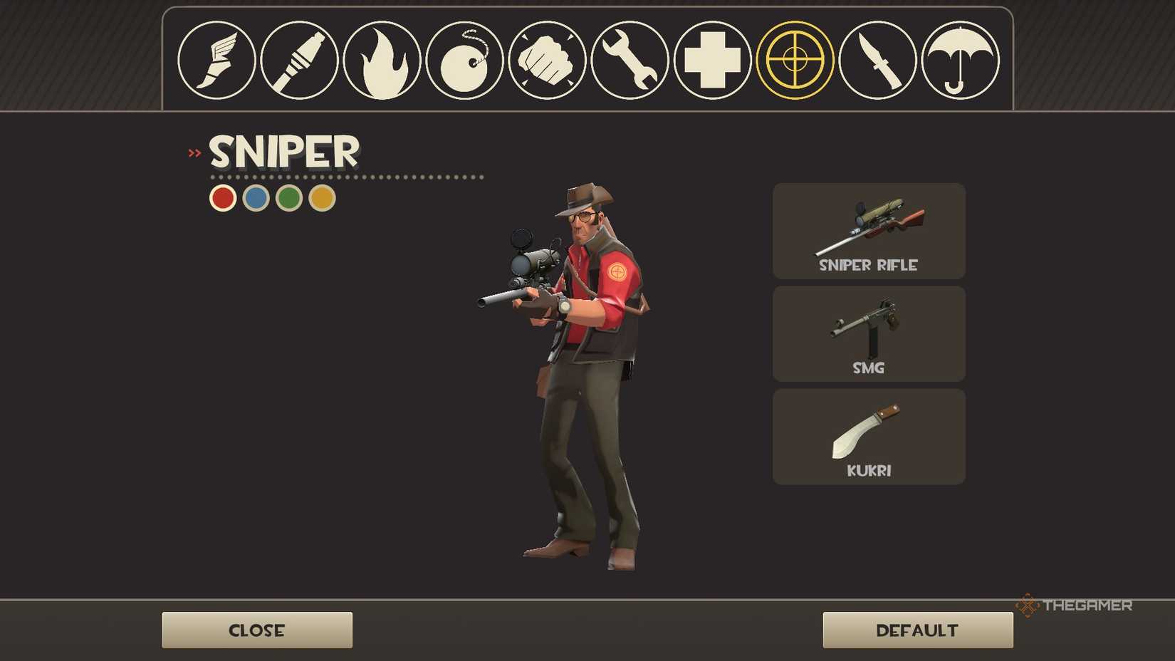 Loadout selection screen in Team Fortress 2 classifieds, showing the sniper.