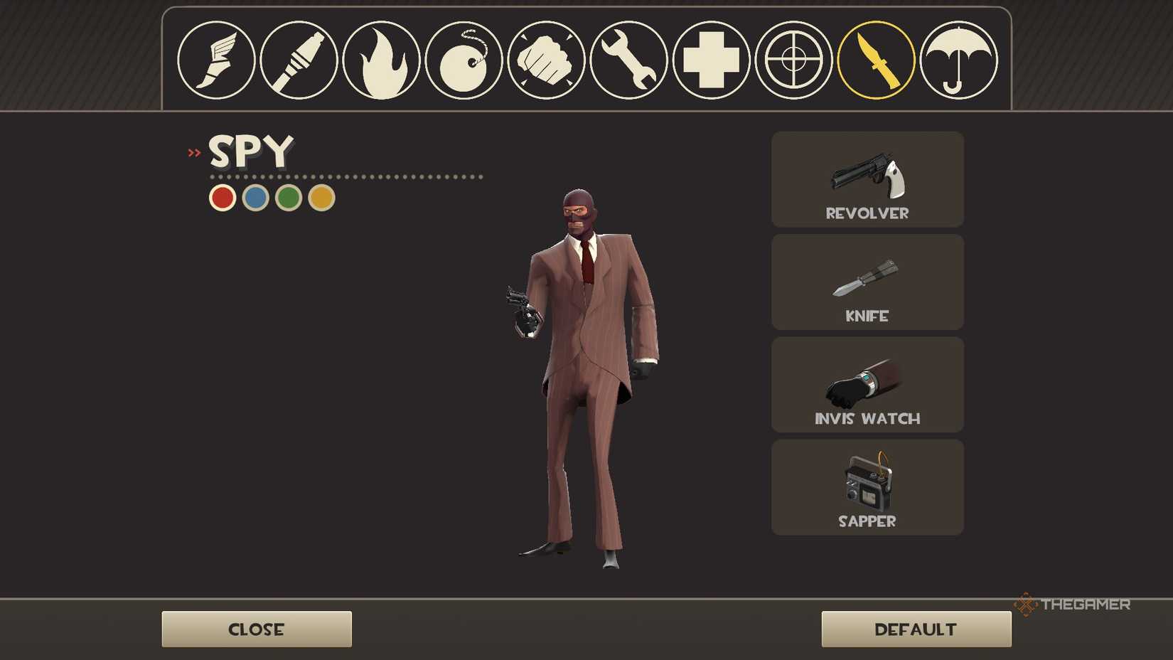 Loadout selection screen in Team Fortress 2 classifieds, showing the spy.