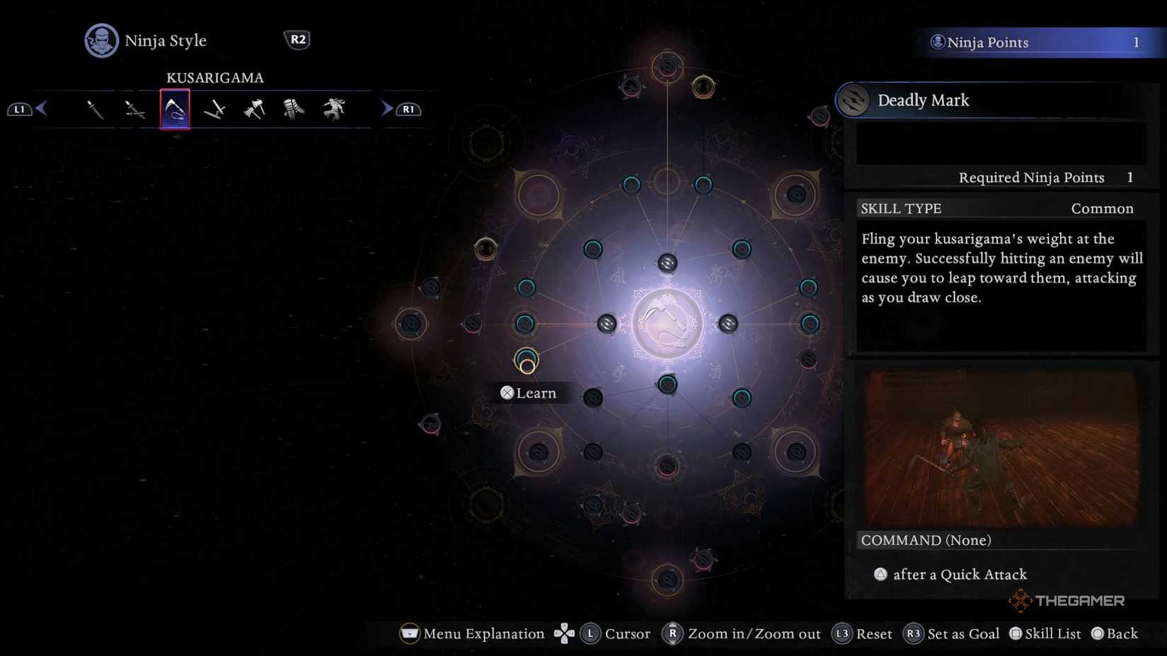 Deadly Mark Ninjutsu Skills in Nioh 3 for crafting the best Kusarigama weapon.