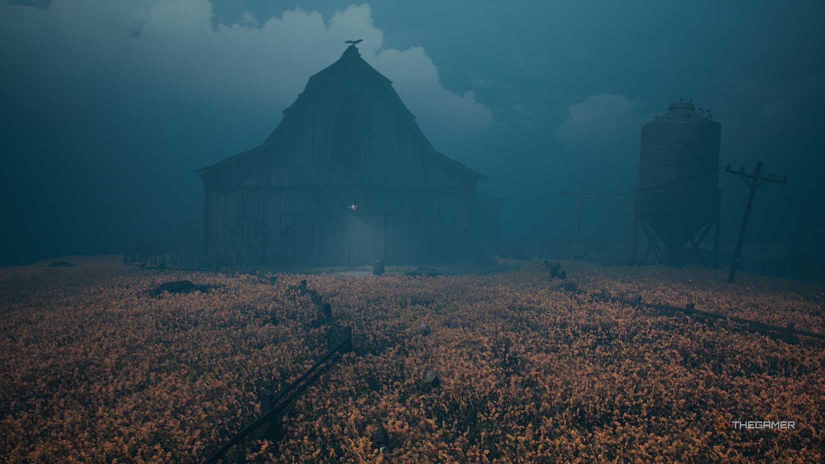 The entrance of the barn in the orange flower field in Reanimal.