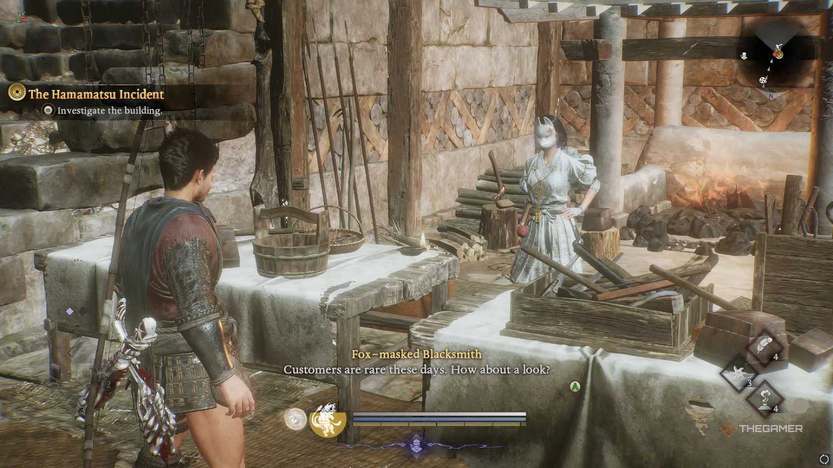 A blacksmith wearing a fox mask from Nioh 3. Immediately after unlocking it during the ‘Hamamatsu Incident’ mission.