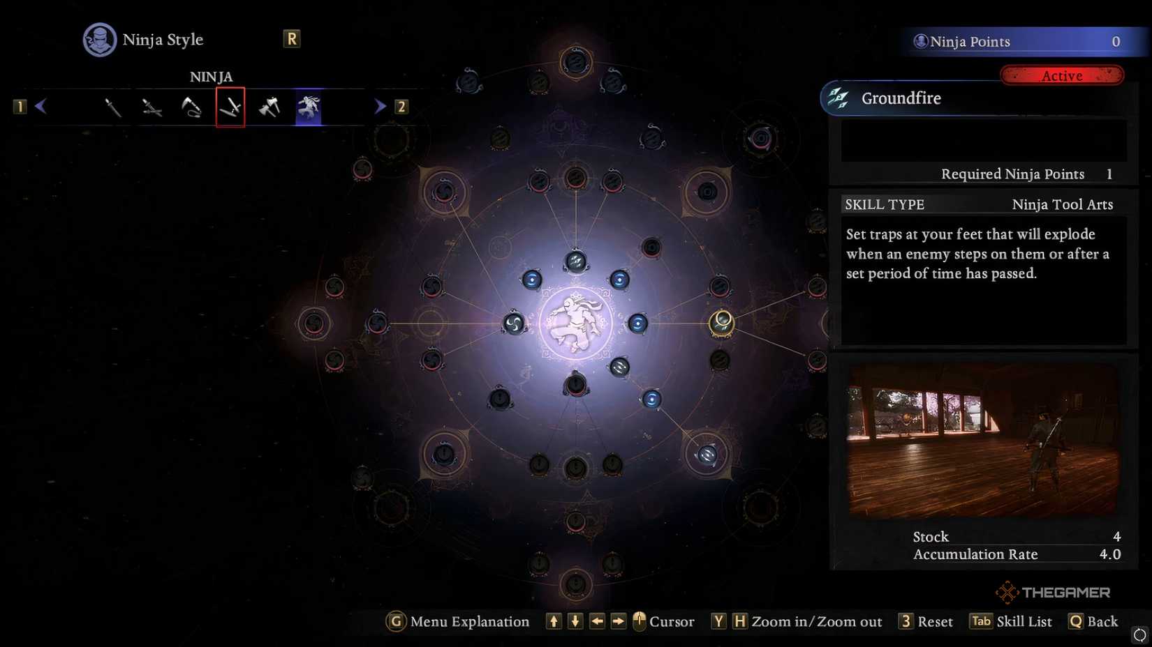 The Groundfire skill description, one of the best early Ninjutsu skills to learn first in Nioh 3.