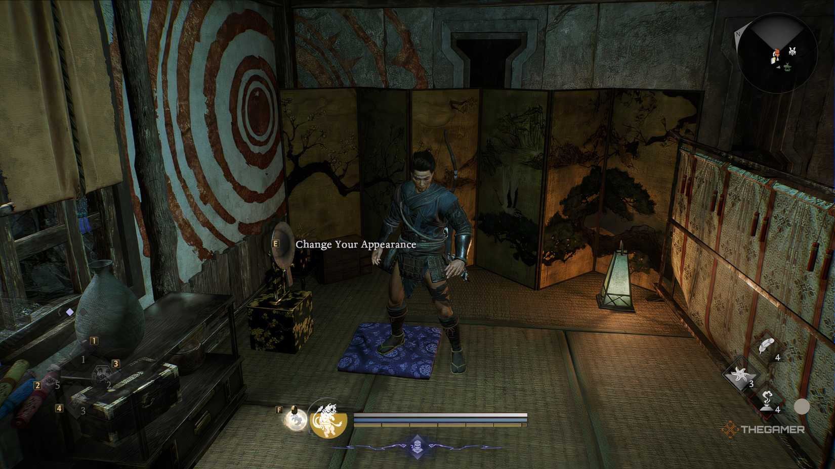 The prompt to the menu in Nioh 3 where you can transmog and change your appearance.