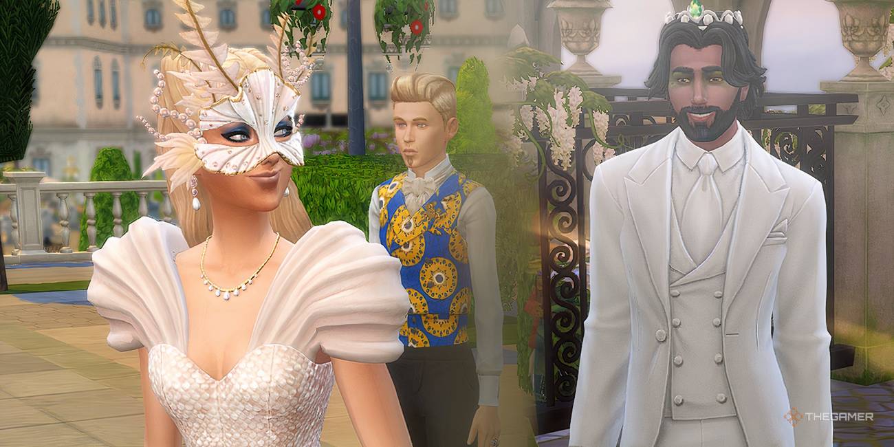 The Sims 4 collage of a woman in white with a mask and a man in white with a crown.