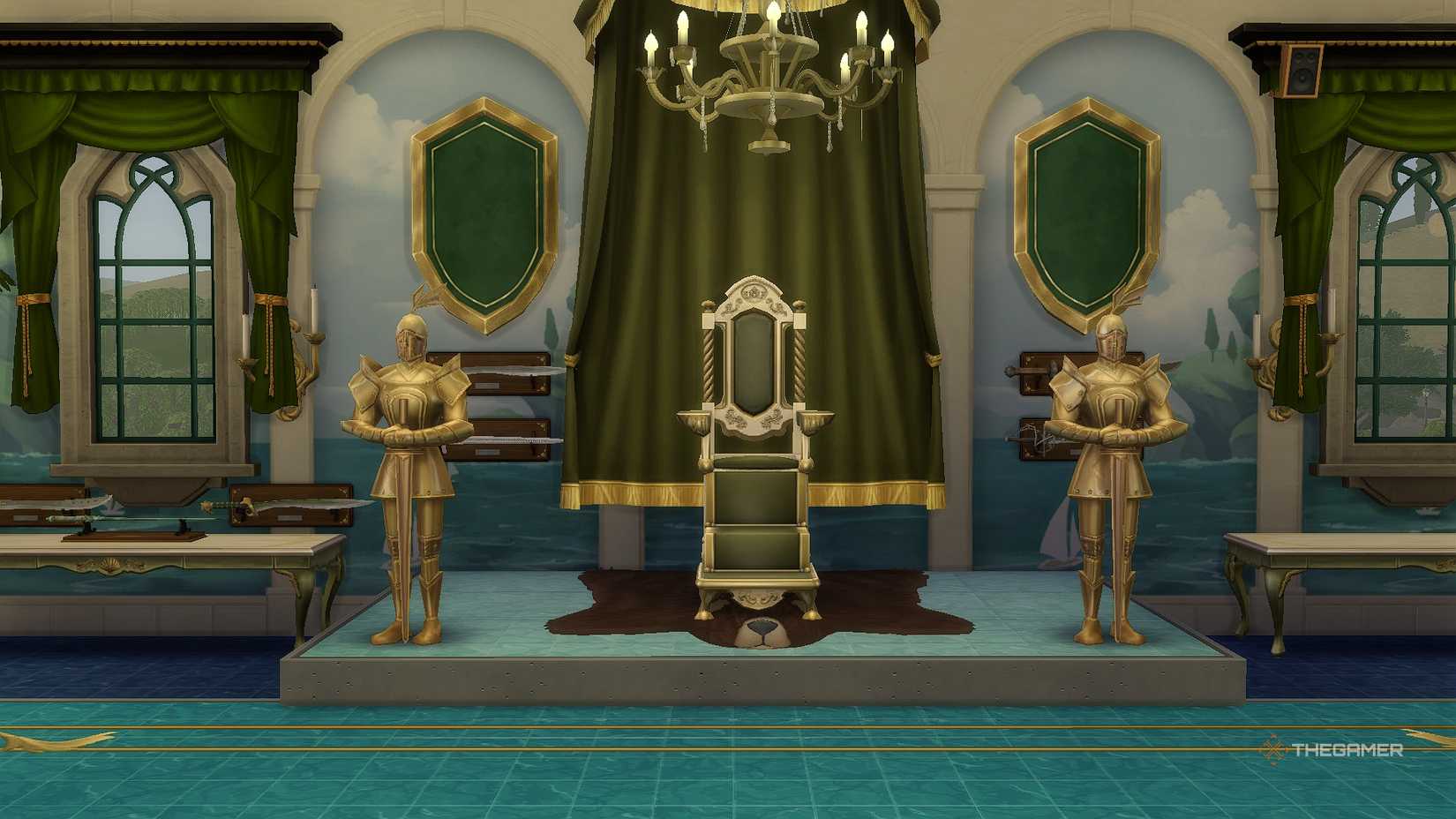 A throne surrounded by The Sims 4 armor.