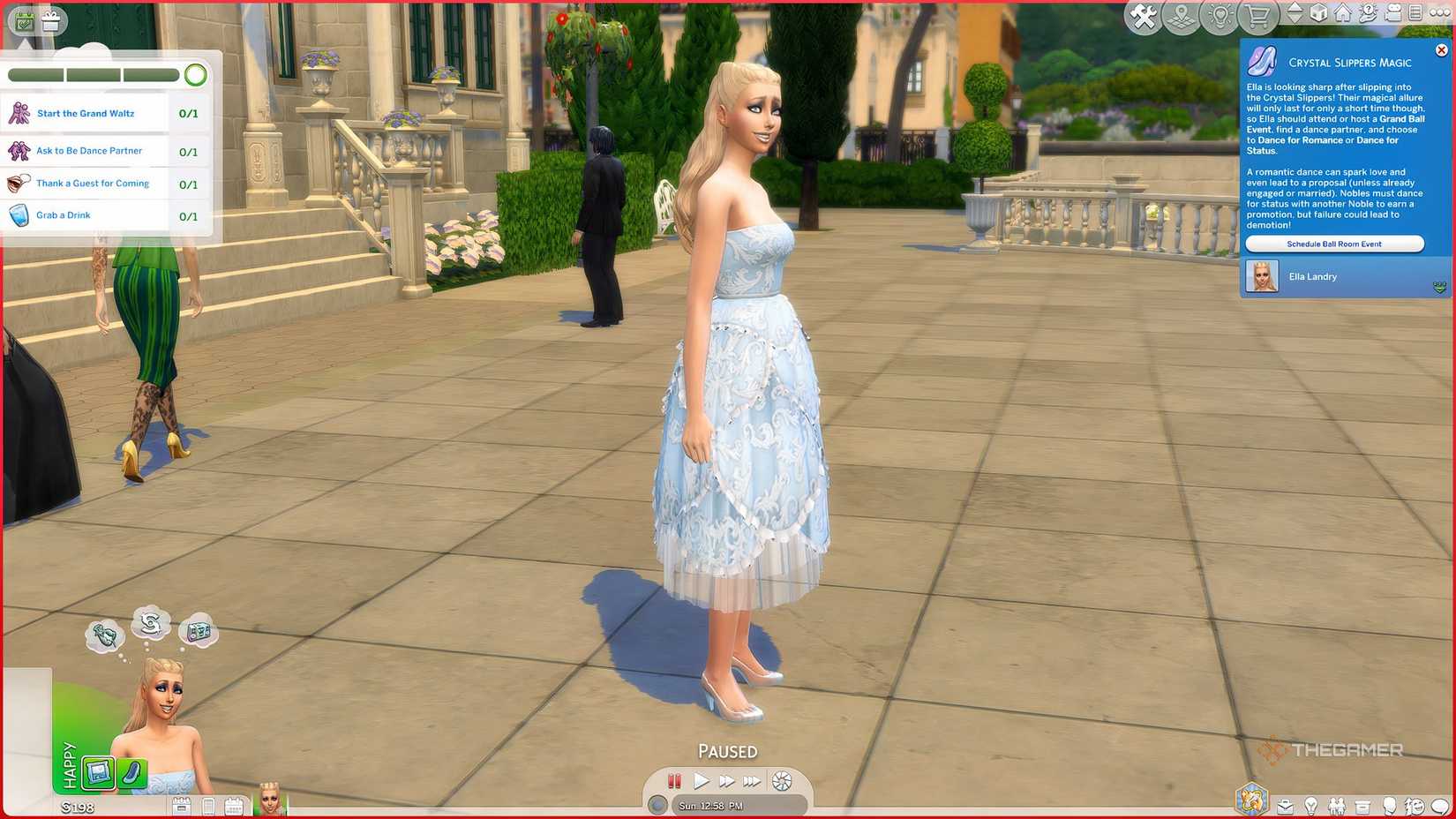 The Sims 4 Woman in blue ball gown with glass slippers.
