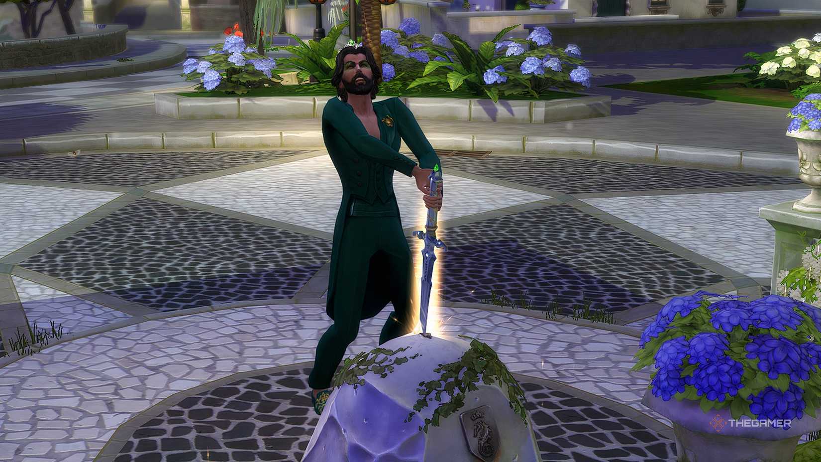 The Sims 4 Royal and Legacy Man pulling Simcalibur out of stone.