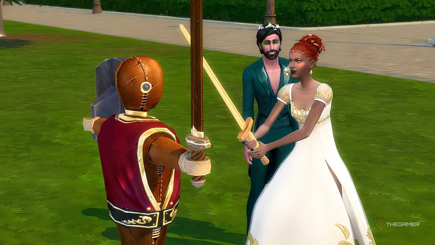 The Sims 4 Royalty and Legacy A sim practicing their skills on a dummy while another watches.