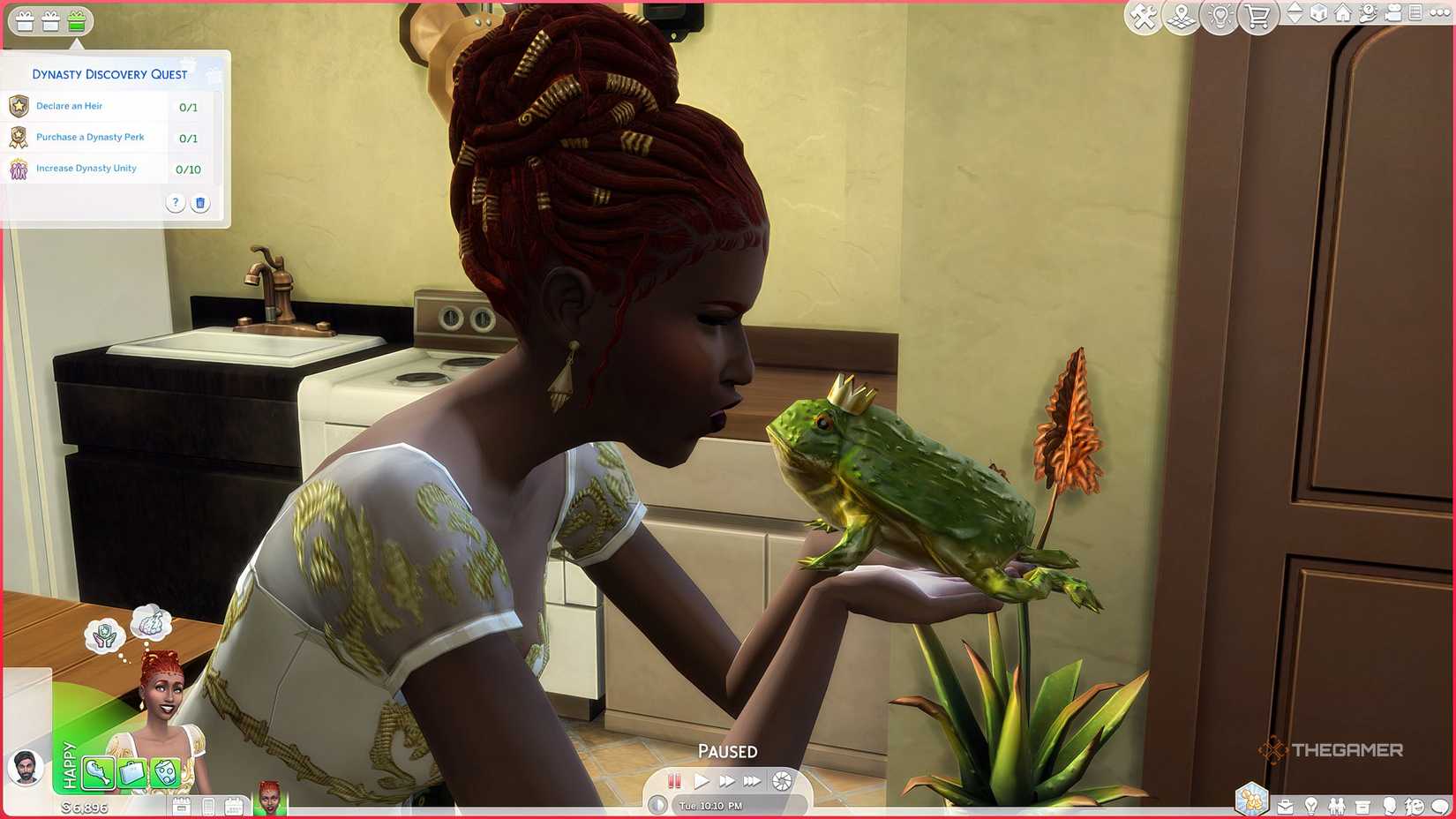 The Sims 4 Royal and Legacy A woman kissing a frog with a crown.