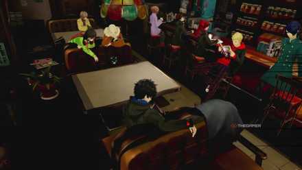 The whole team of Phantom Thieves party members in Persona 5 Royal at the Hideout in Cafe Leblanc.