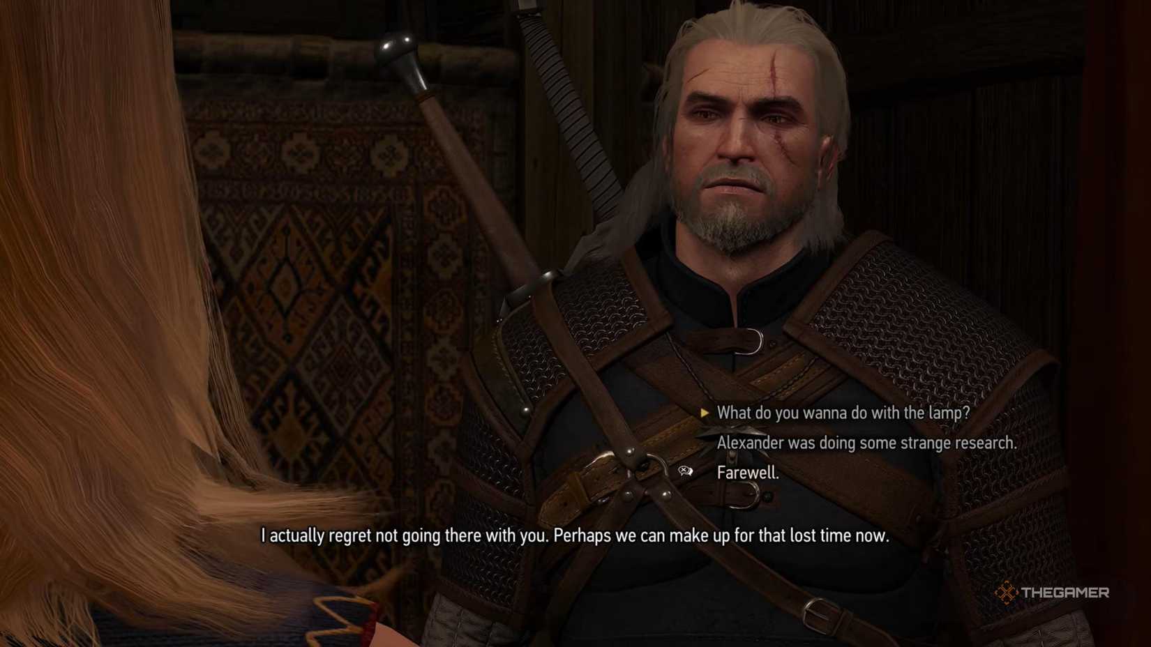 Witcher gameplay with Geralt talking to a woman.