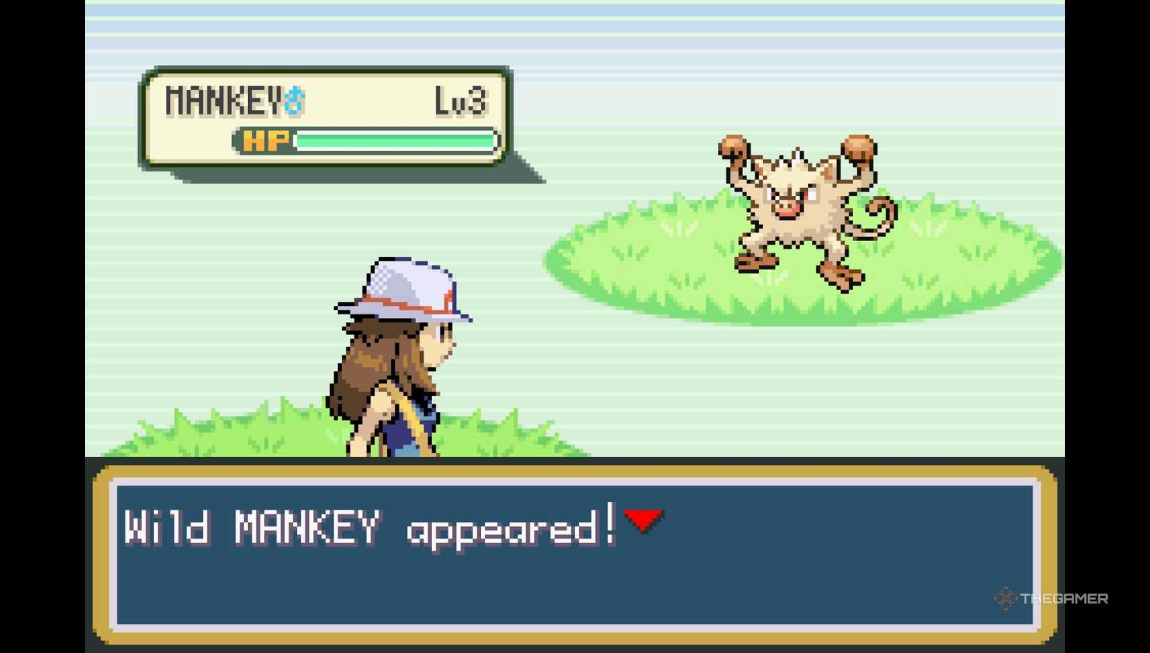 Trainer finding a Mankey in Pokemon FireRed and LeafGreen.
