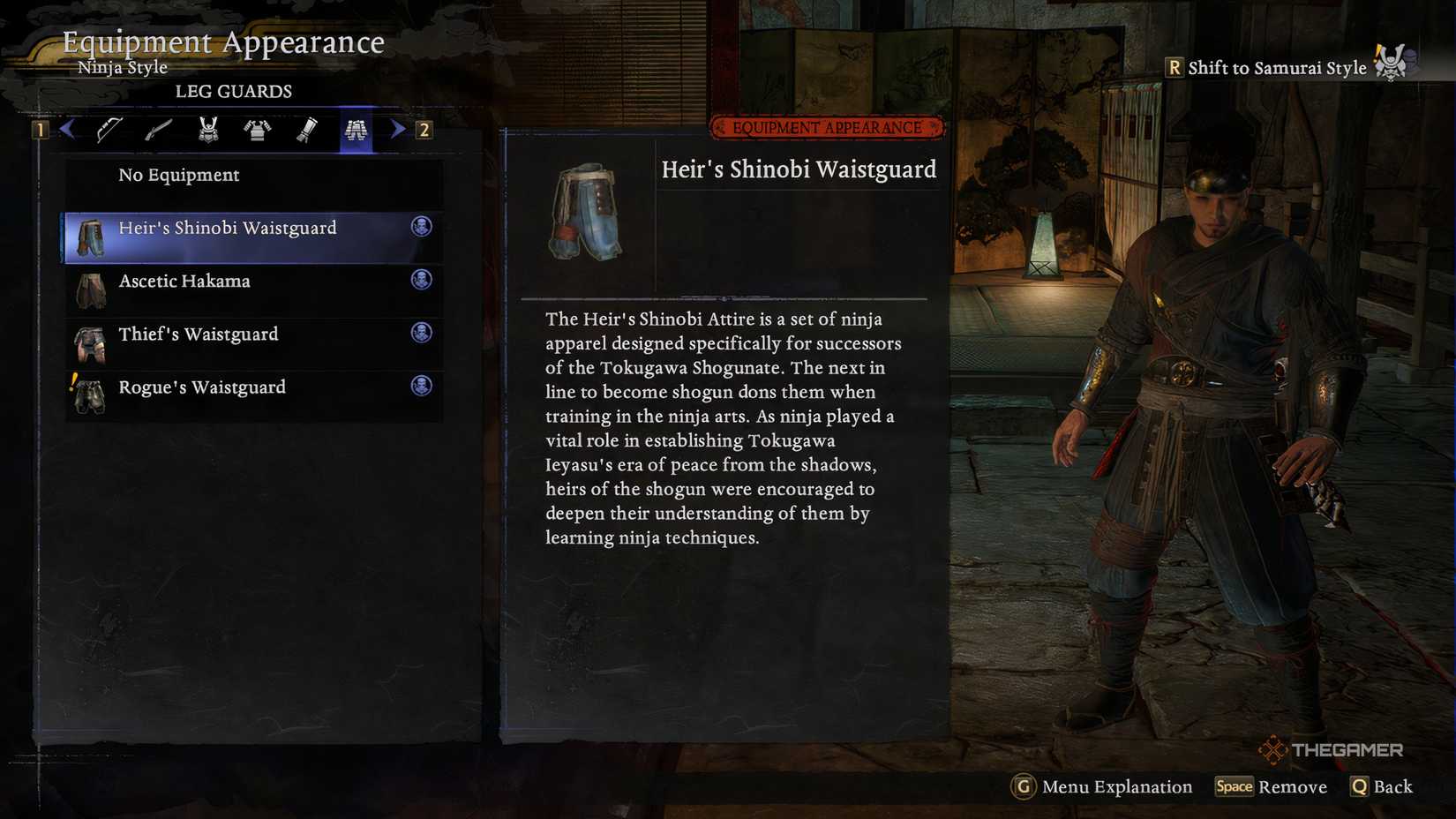 Transmogging gear in Nioh 3 to change the appearance of leg armor.