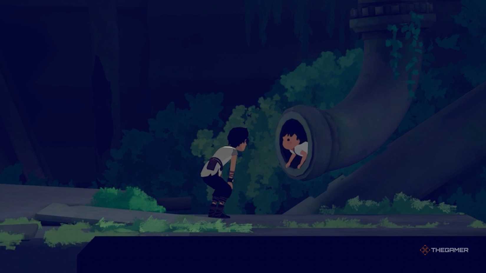 The two main characters look at each other with one in the pipe in Planet of Lana 2.