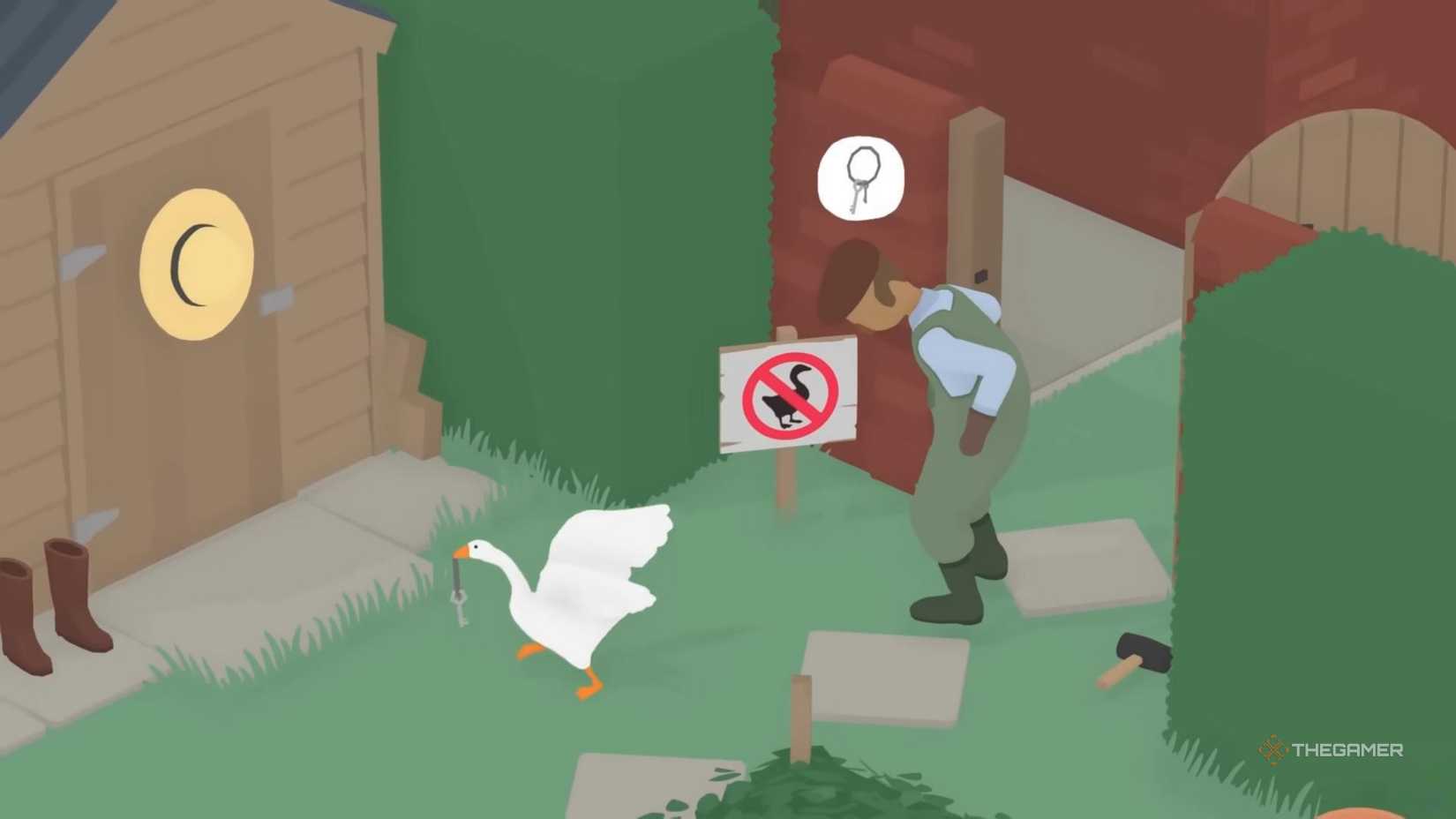 Untitled Goose Game gameplay in which a gardener chases a goose.