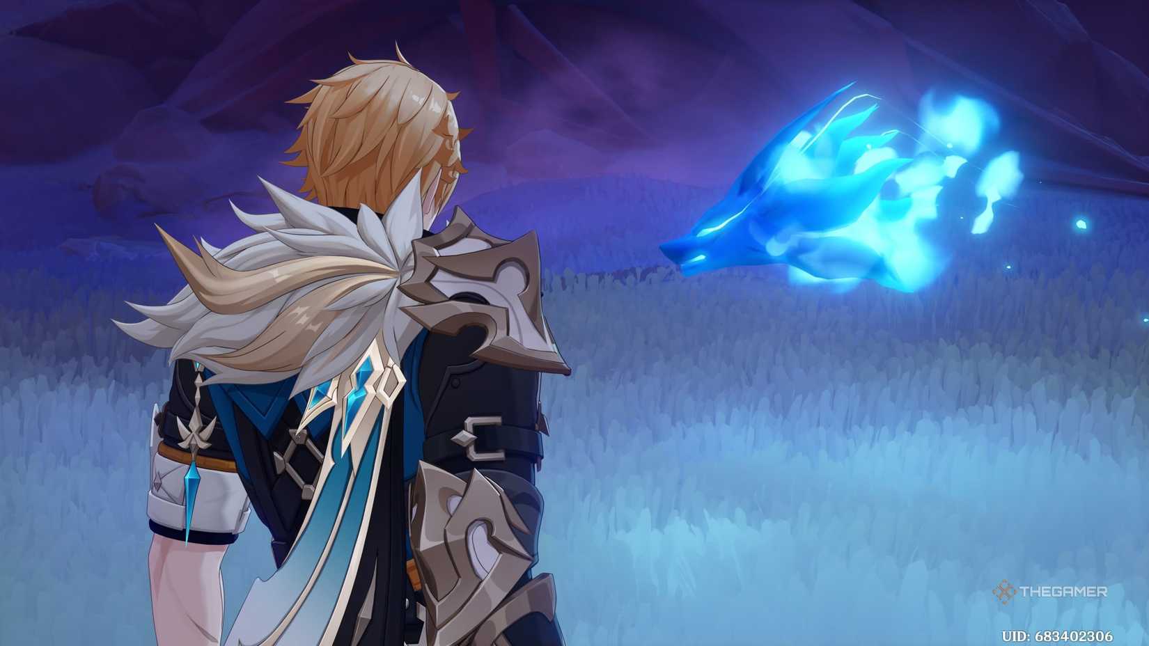 Varka and the spirit of Boreas in Genshin Impact.