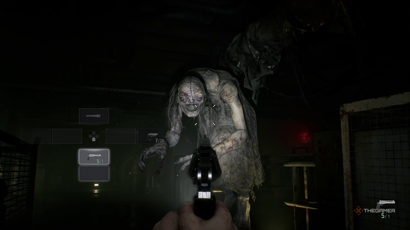 Grace aims the Requiem at a giant monster in Resident Evil Requiem. 