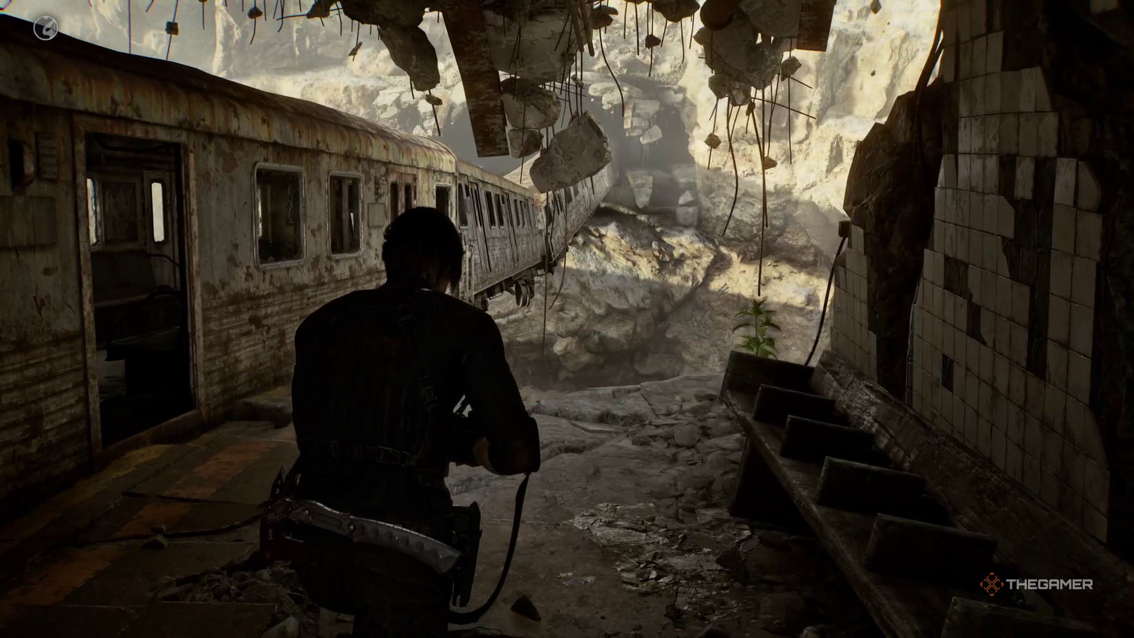 Leon stumbles across an abandoned train in Resident Evil Requiem.