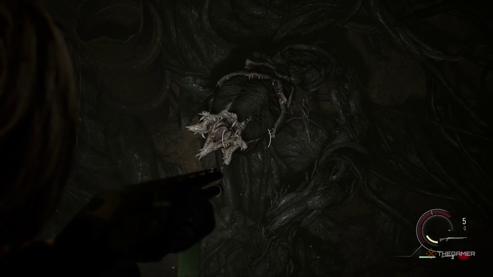 Leon targets one of Plant 42's tentacles in Resident Evil Requiem. 