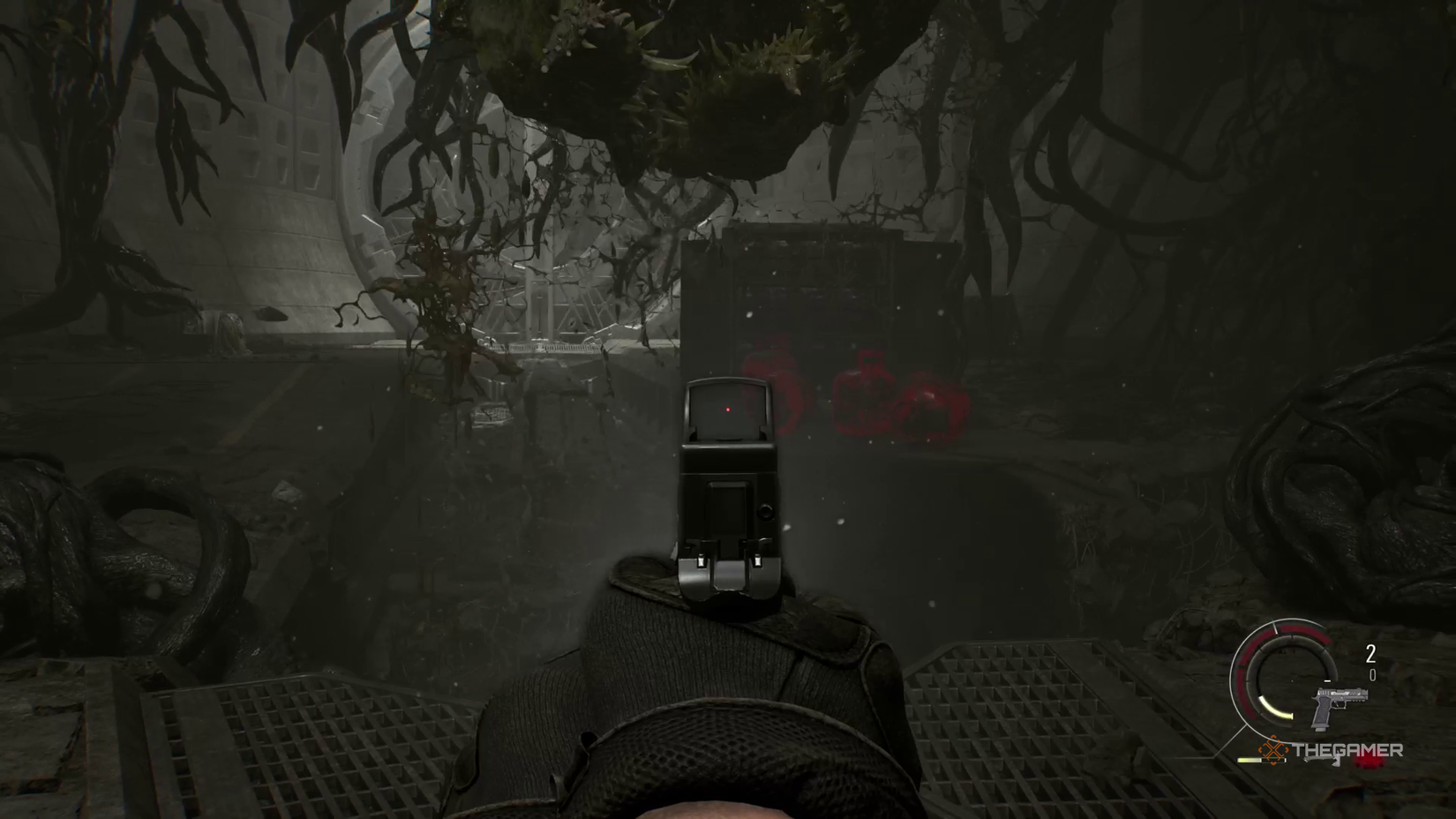 Leon targets the burning barrel beneath Plant 42 in Resident Evil Requiem. 