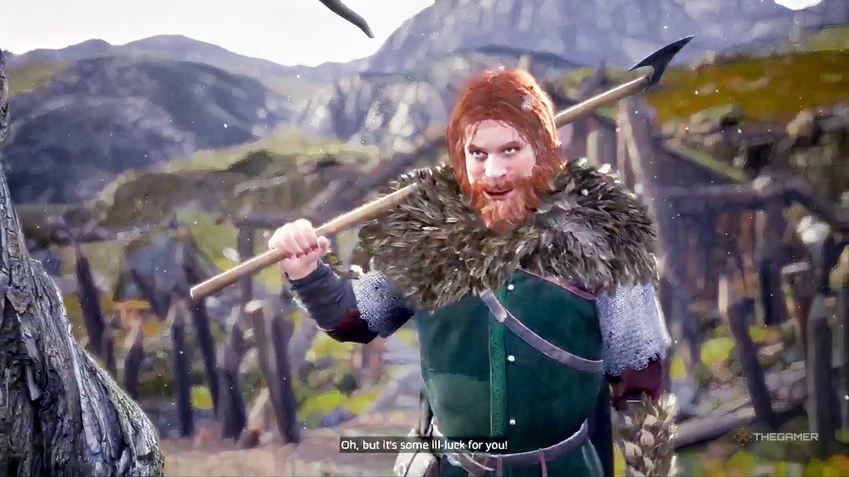 Woodcutters Chisel mission cutscene showing man in green tunic with red hair and a beard.
