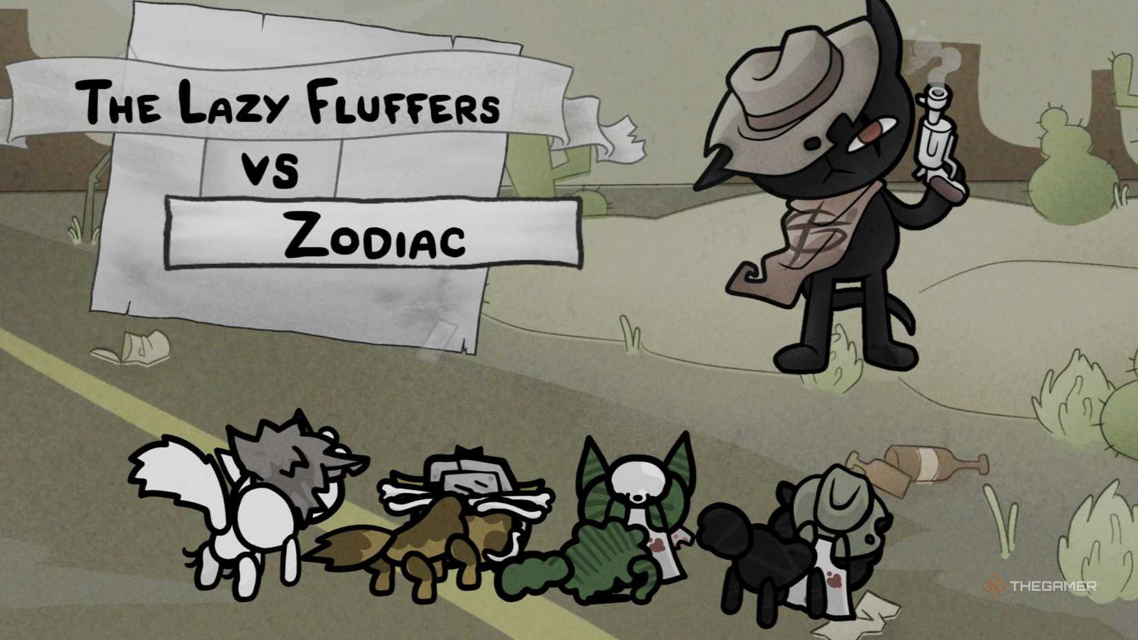 The Lazy Fluffers squaring off against Zodiac in Mewgenics.