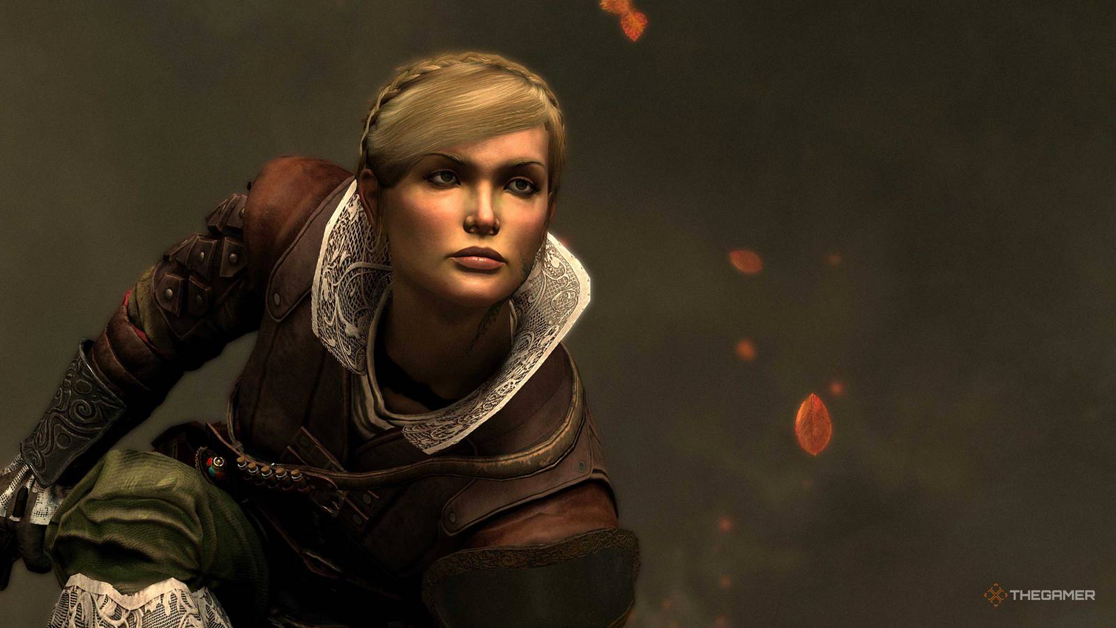 A screenshot from GreedFall, showing the main character on one knee and looking up.