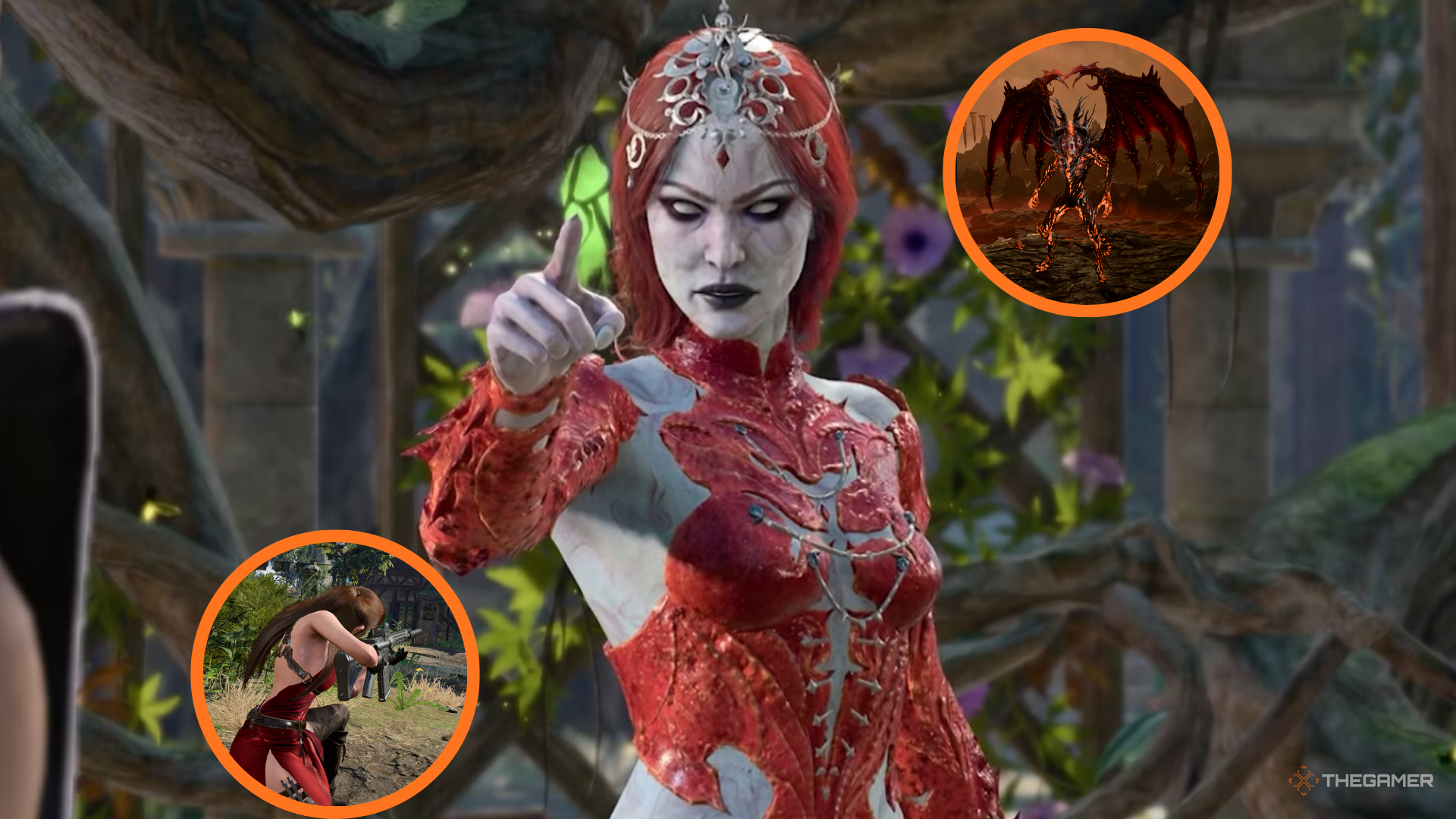 Orin the red surrounded by a demon figure and a character holding a rifle.