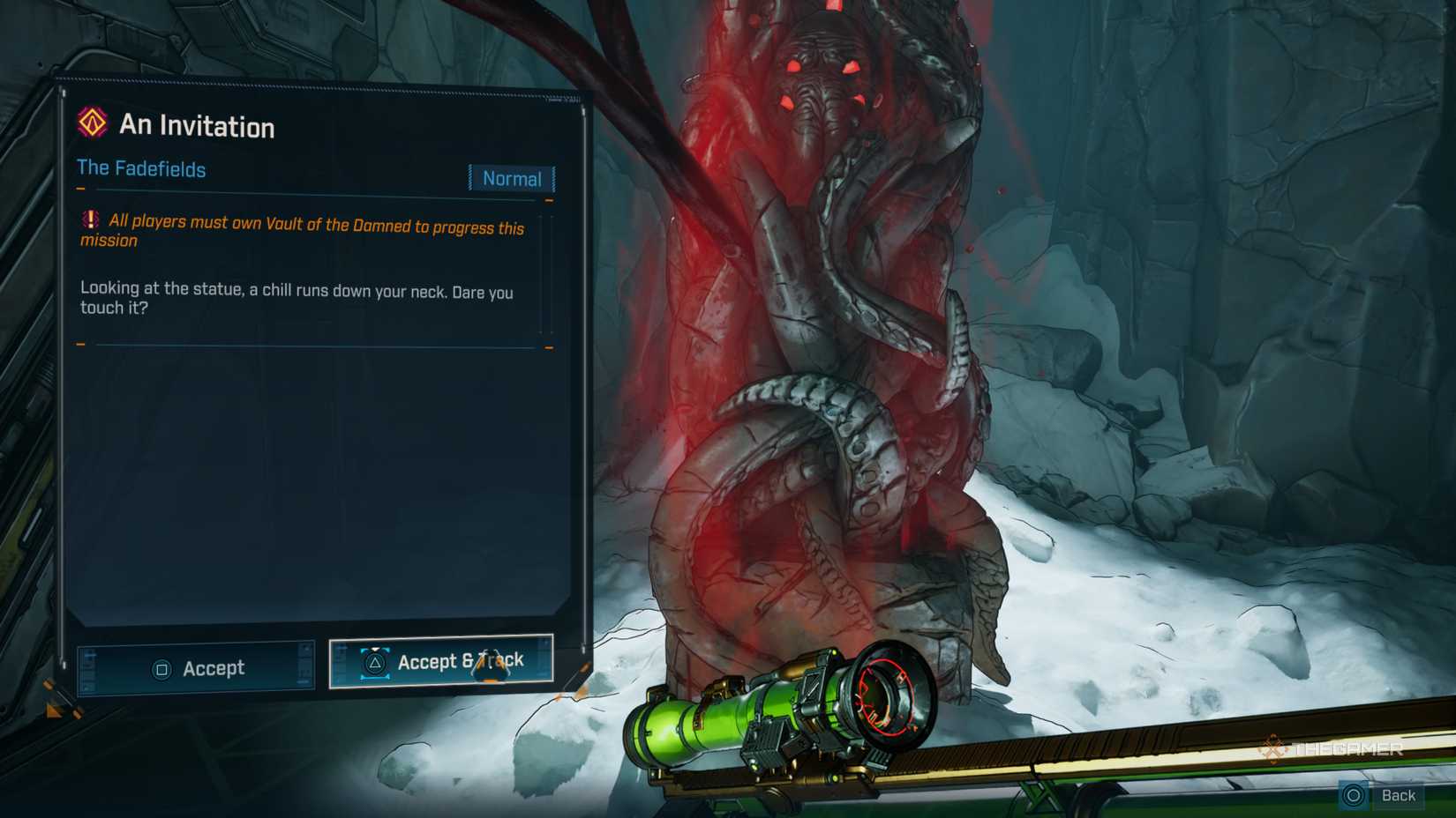 Vault Hunter interacting with a statue covered in tentacles with a red mist around it in Borderlands 4.