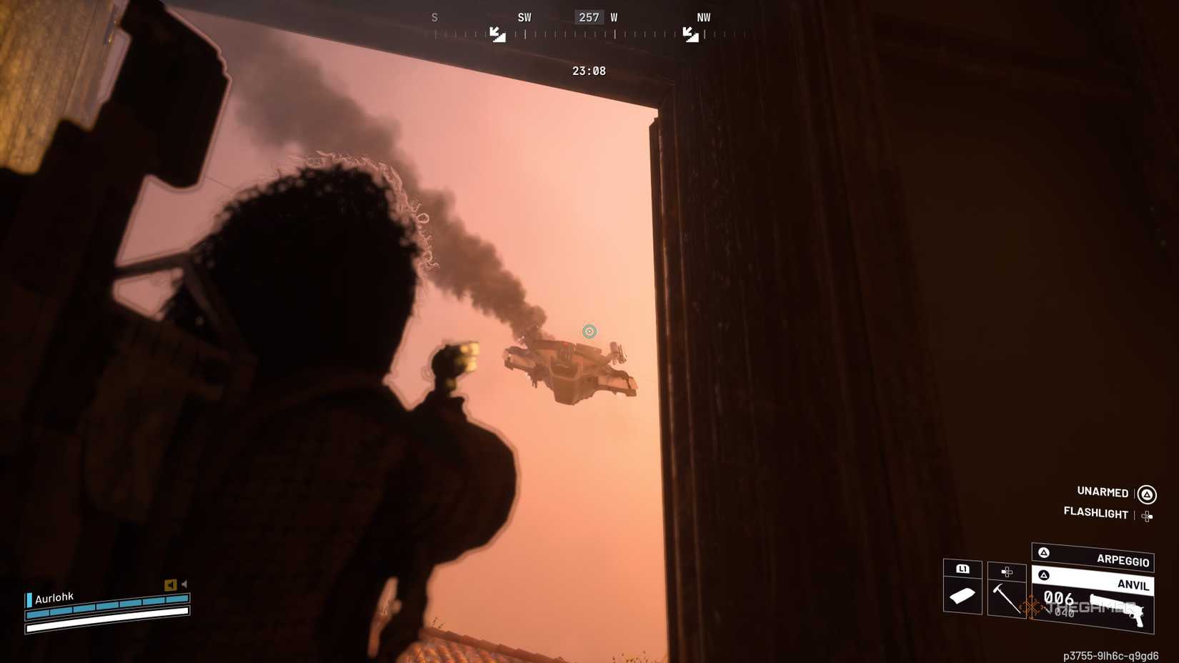 Player attacker aiming an anvil at a smoking and damaged vaporizer flying in the air in Buried City in Arc Raiders.
