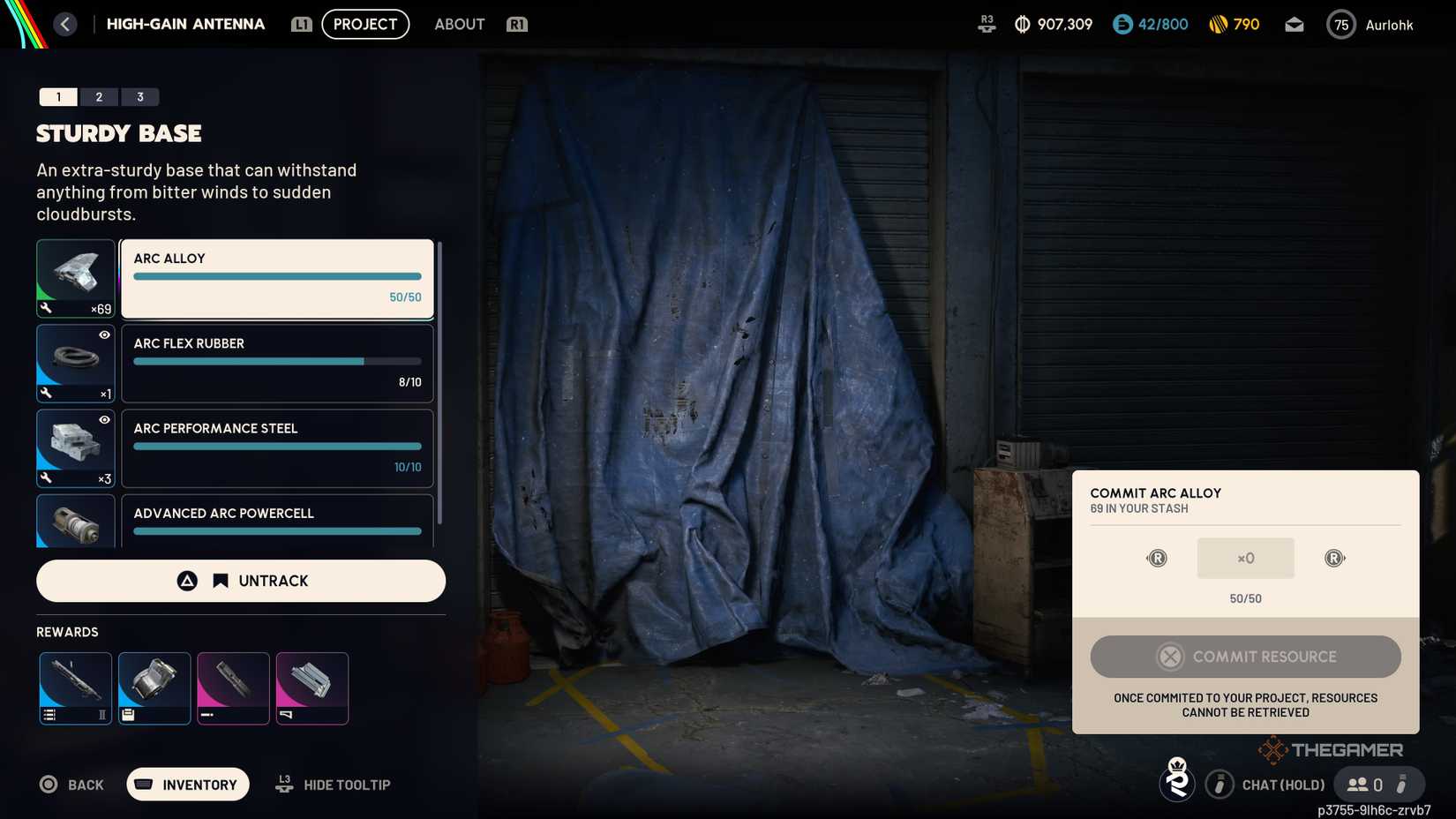 Project progress screen for the first stage of the High-Gain antenna showing the required materials in Arc Raiders.