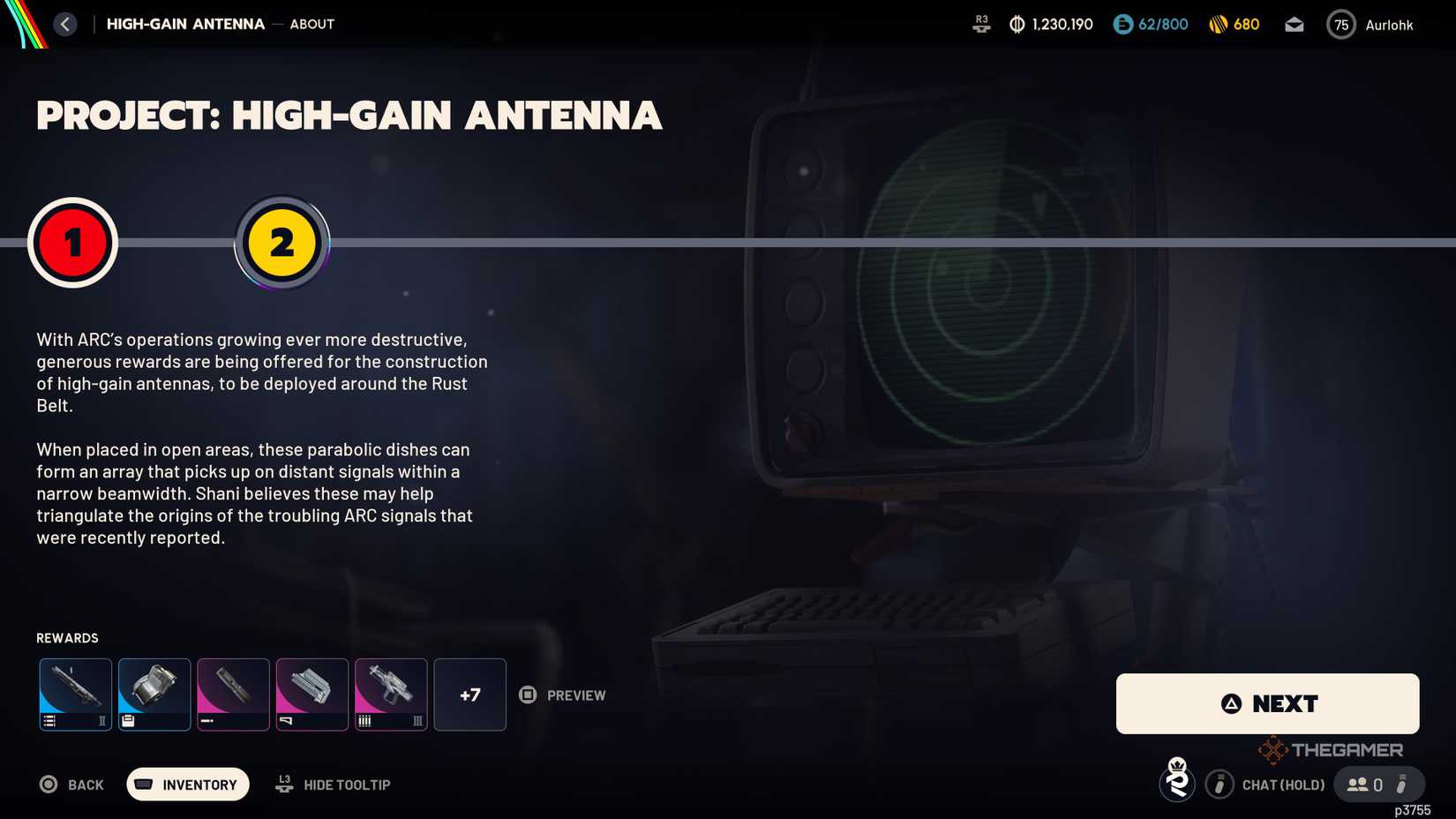 Project overview screen for the High-Gain Antenna showing the story behind it and several of the rewards in Arc Raiders.