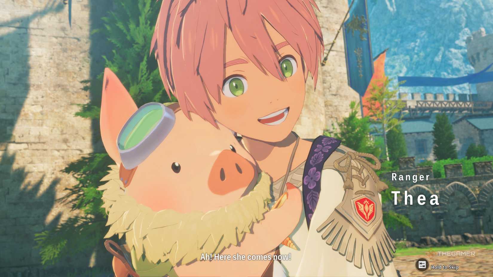 Thea being introduced alongside her Poogie in Monster Hunter Stories 3.