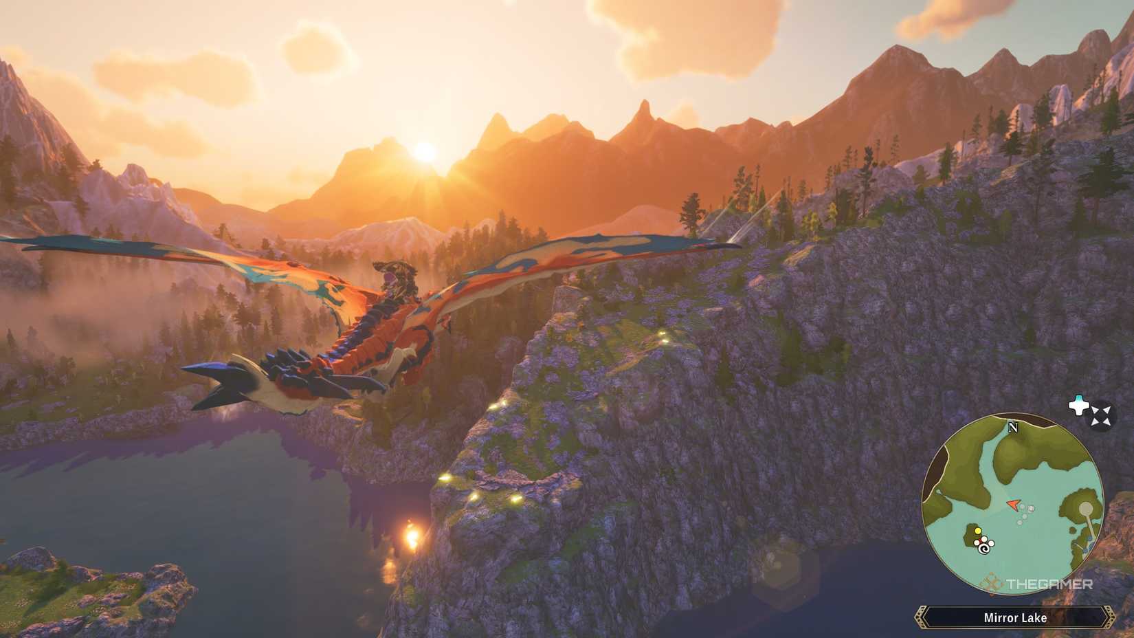 The player gliding in Azuria over Mirror Lake at sunset in Monster Hunter Stories 3.