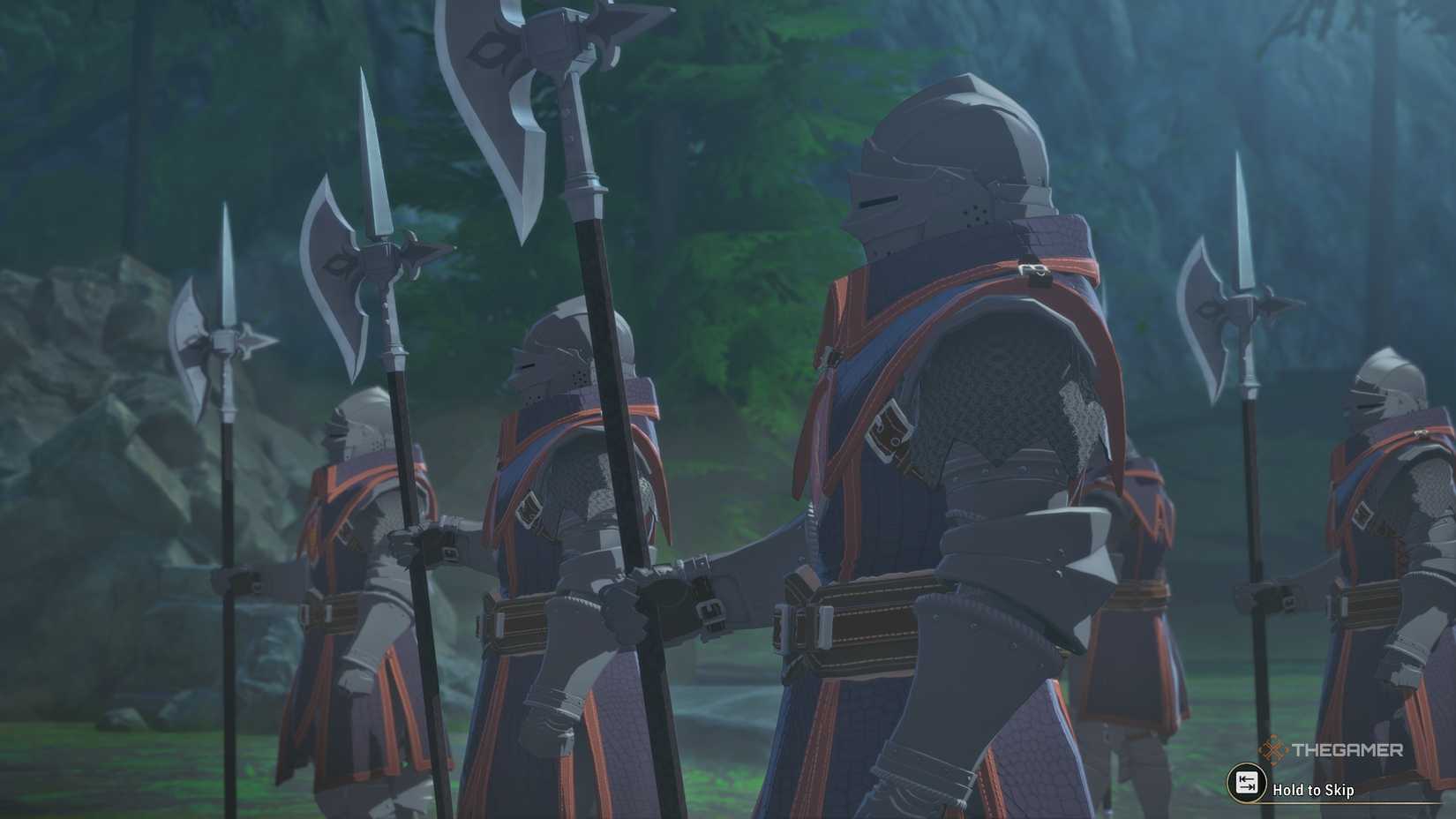 Soldiers standing in armour with halberds in Monster Hunter Stories 3.