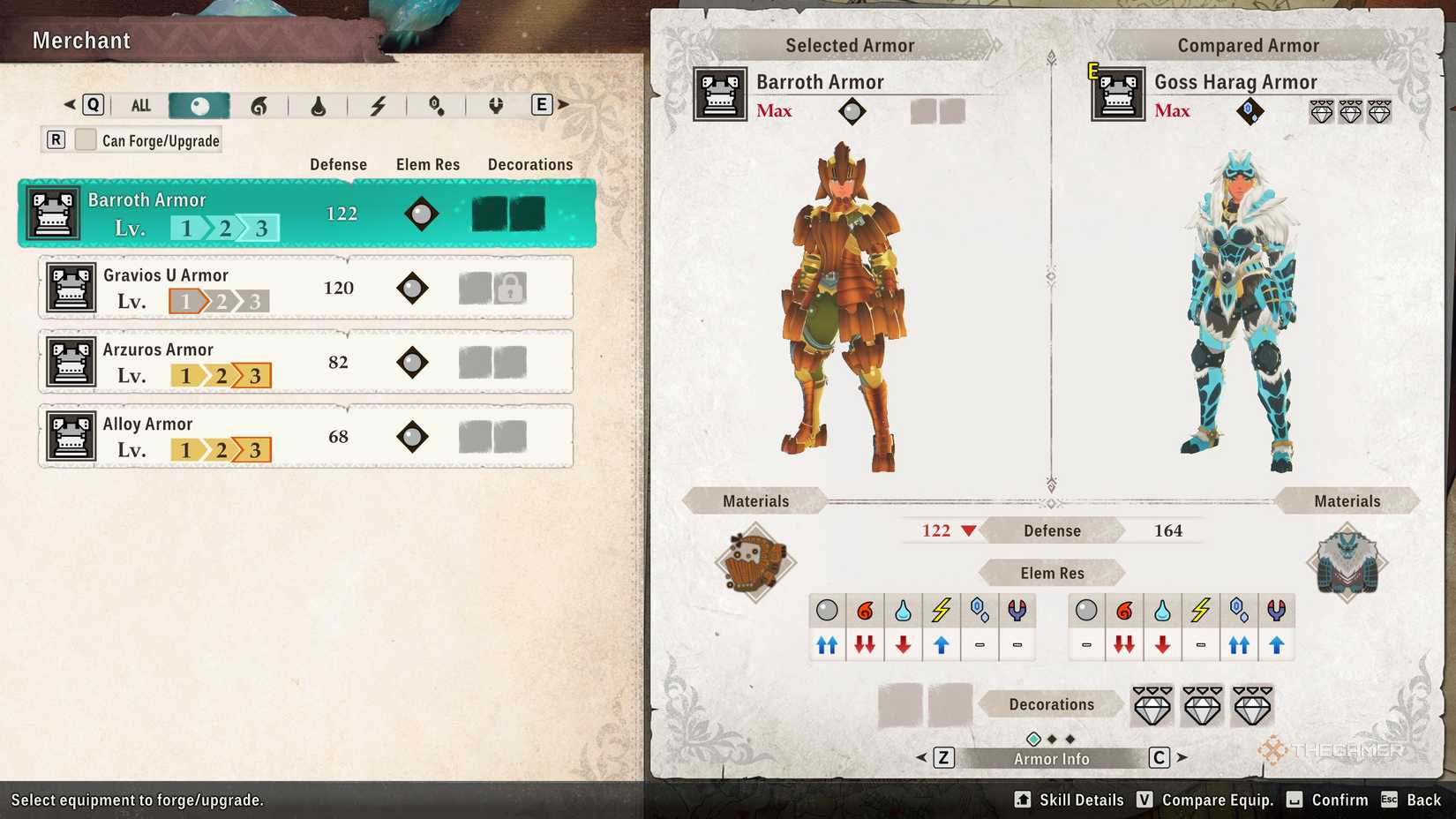 The Barroth armor in the crafting menu in monster hunter stories 3.