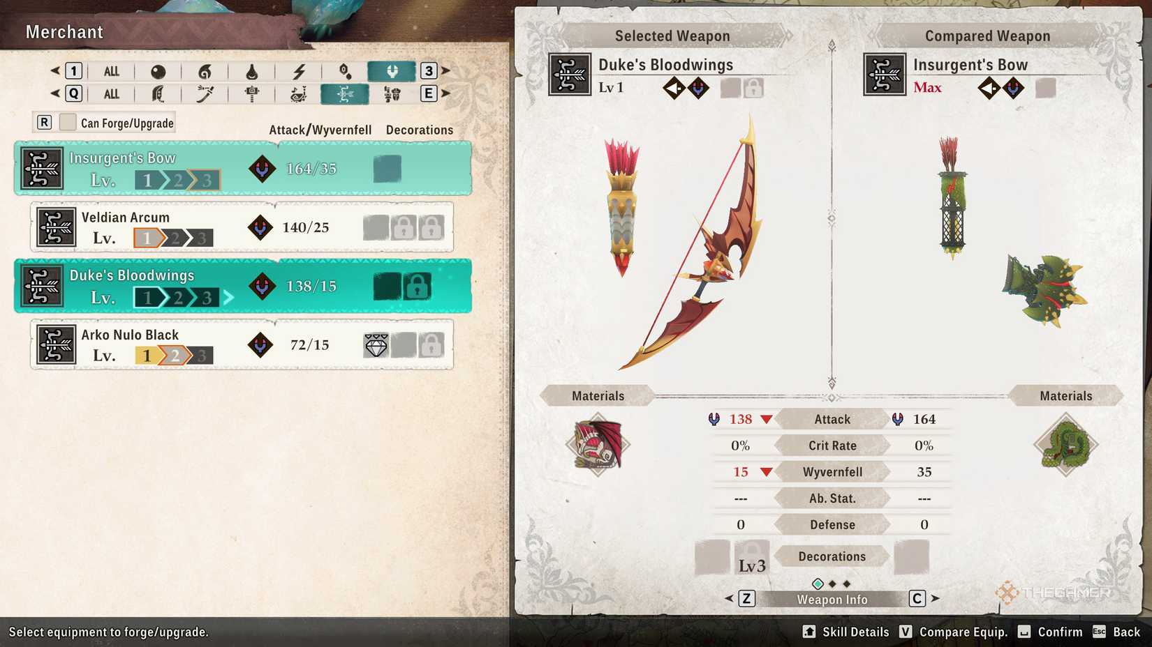 Bows in the crafting menu in Monster Hunter Stories 3.