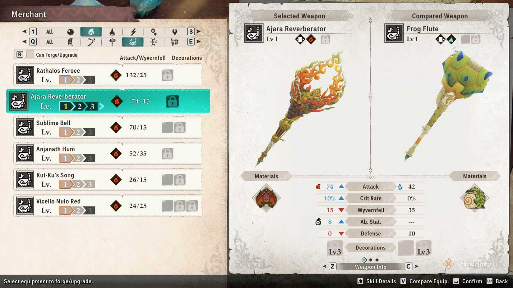 Hunting Horns in the crafting menu in Monster Hunter Stories 3.