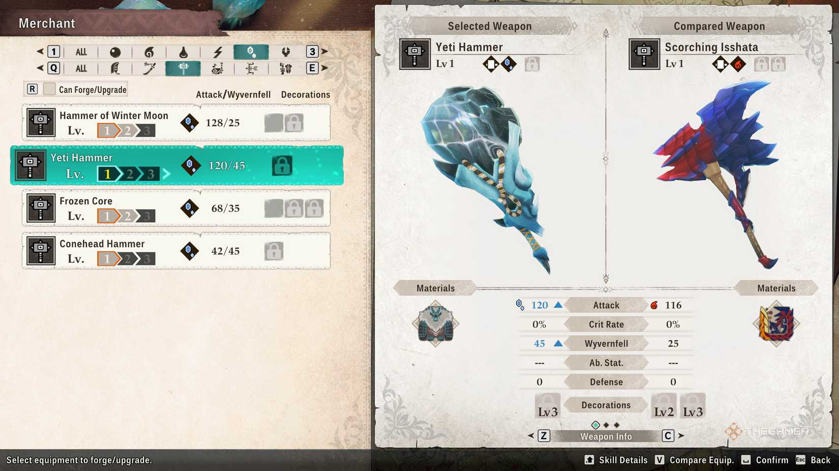 Hammers in the crafting menu in Monster Hunter Stories 3.