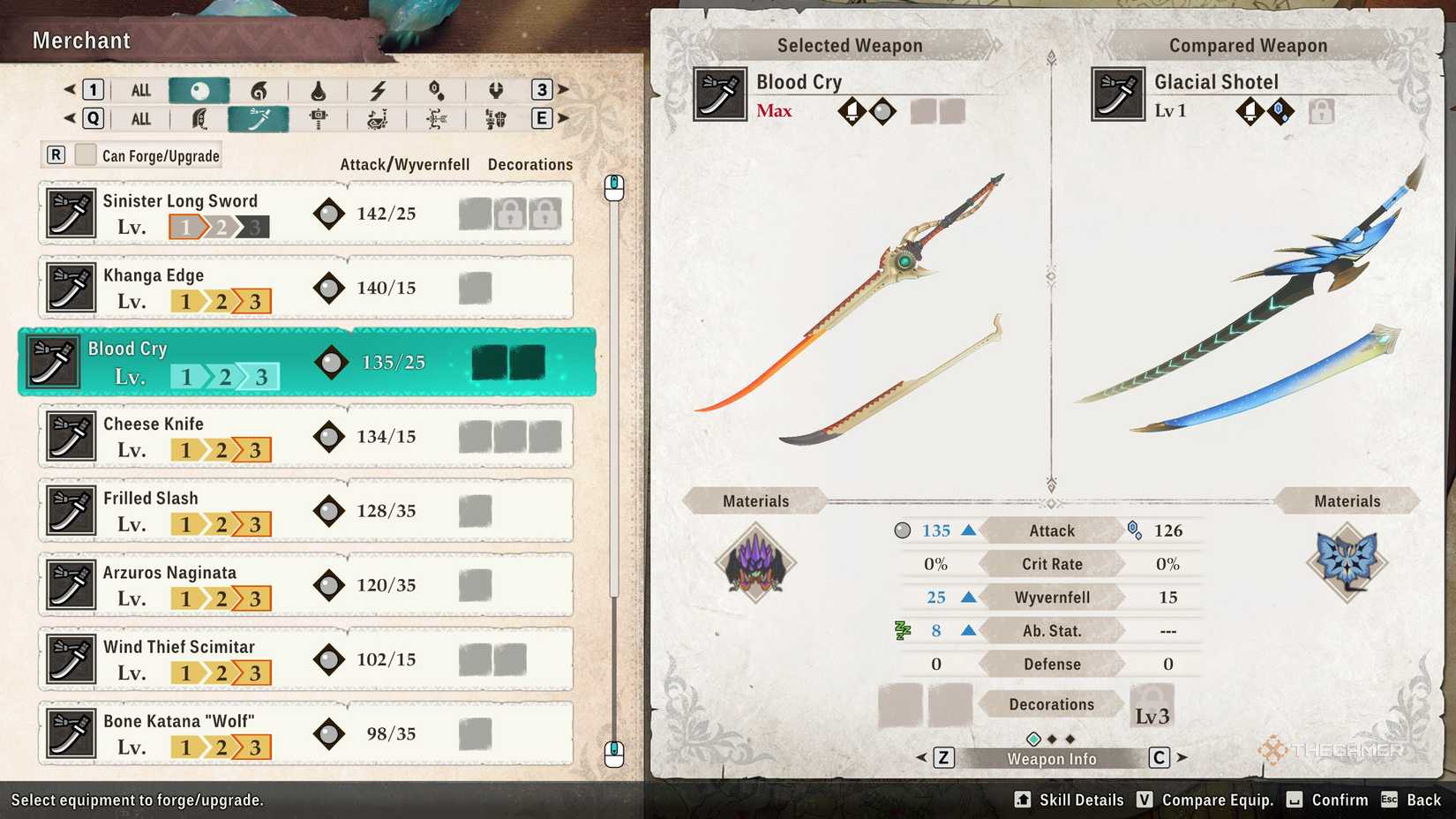Long Swords in the crafting menu in Monster Hunter Stories 3.