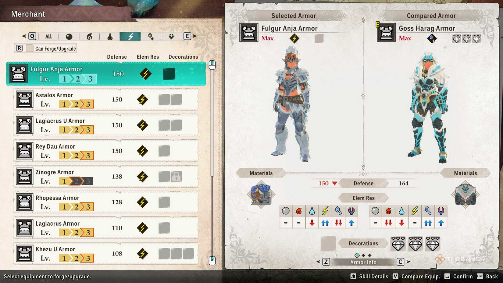 The Fulgur Anja armor in the crafting menu in monster hunter stories 3.