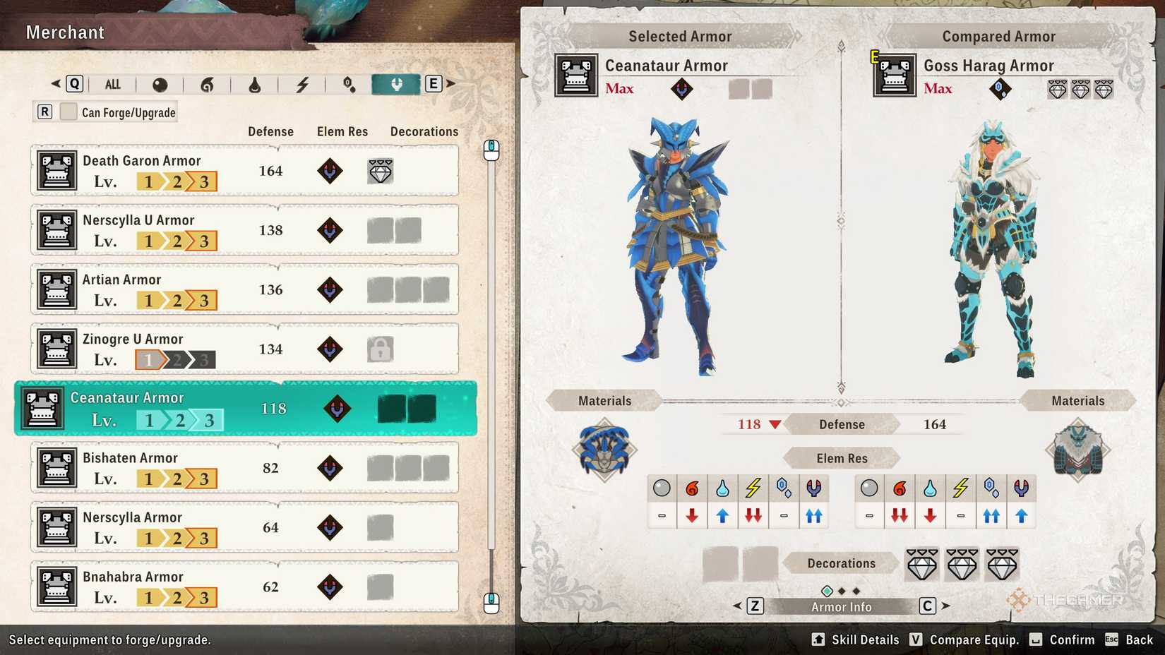 The Ceanatuar armor in the crafting menu in monster hunter stories 3.