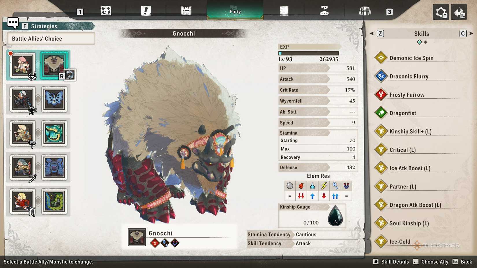 Les Monstie Gnocchi de Thea dans le menu des alli&eacute;s de Monster Hunter Stories 3.
