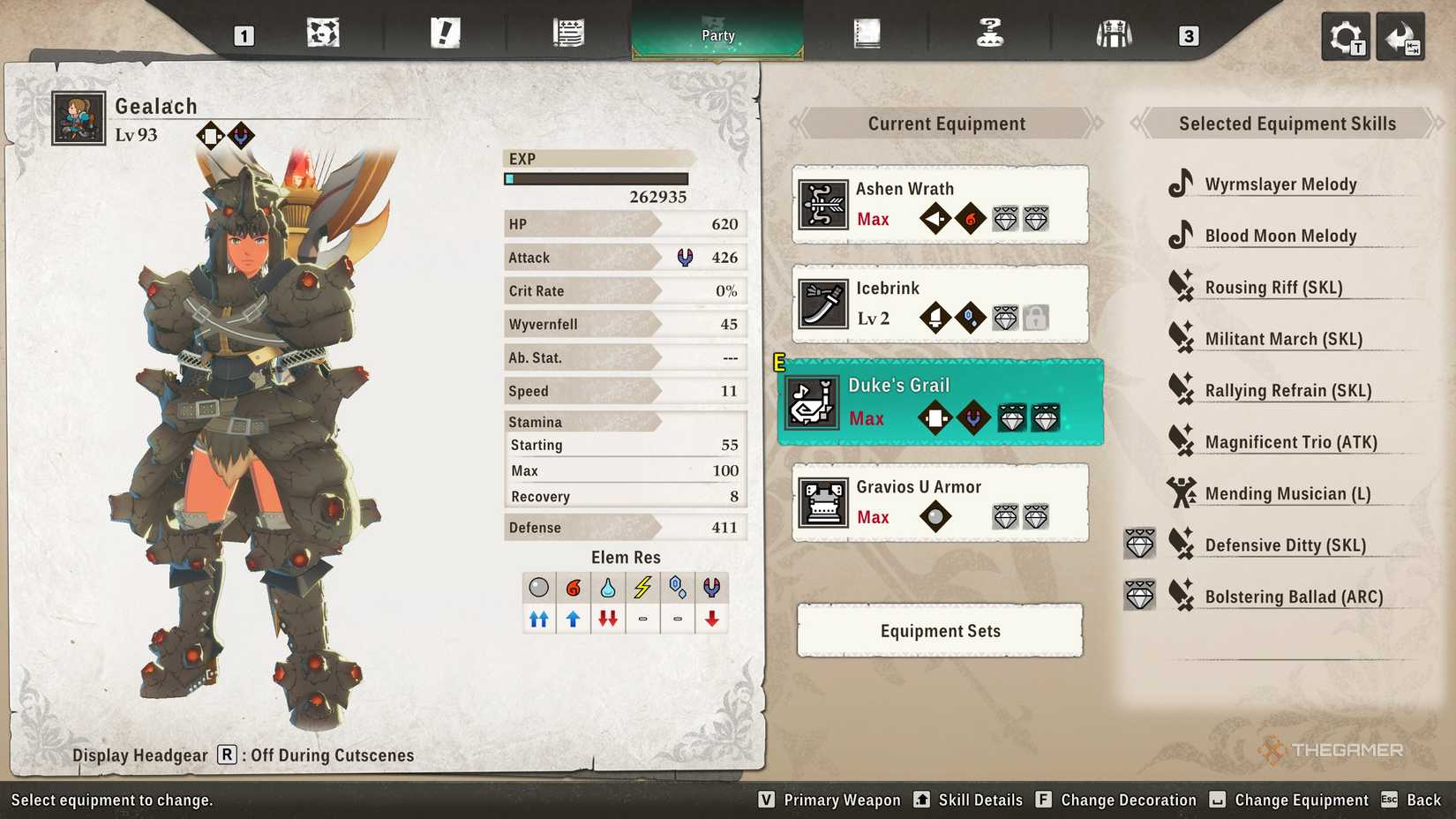 Le joueur dans l'&eacute;cran de menu portant l'armure Gravios U dans Monster Hunter Stories 3.