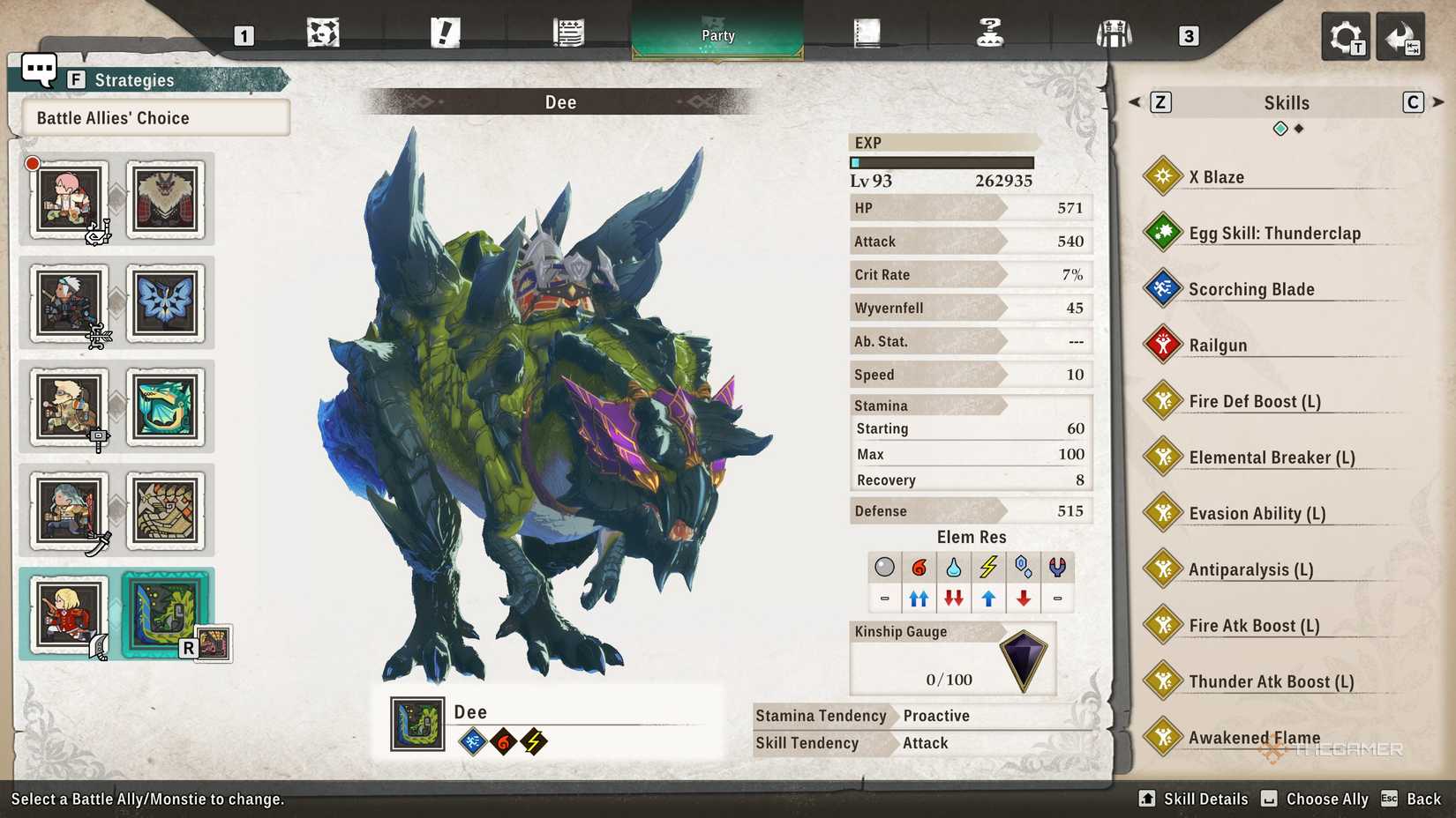 Eleanor's Monstie Dee in the allies menu in Monster Hunter Stories 3.