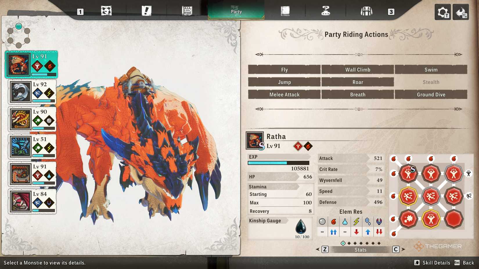 Rathalos in the Monstie menu in Monster Hunter Stories 3.