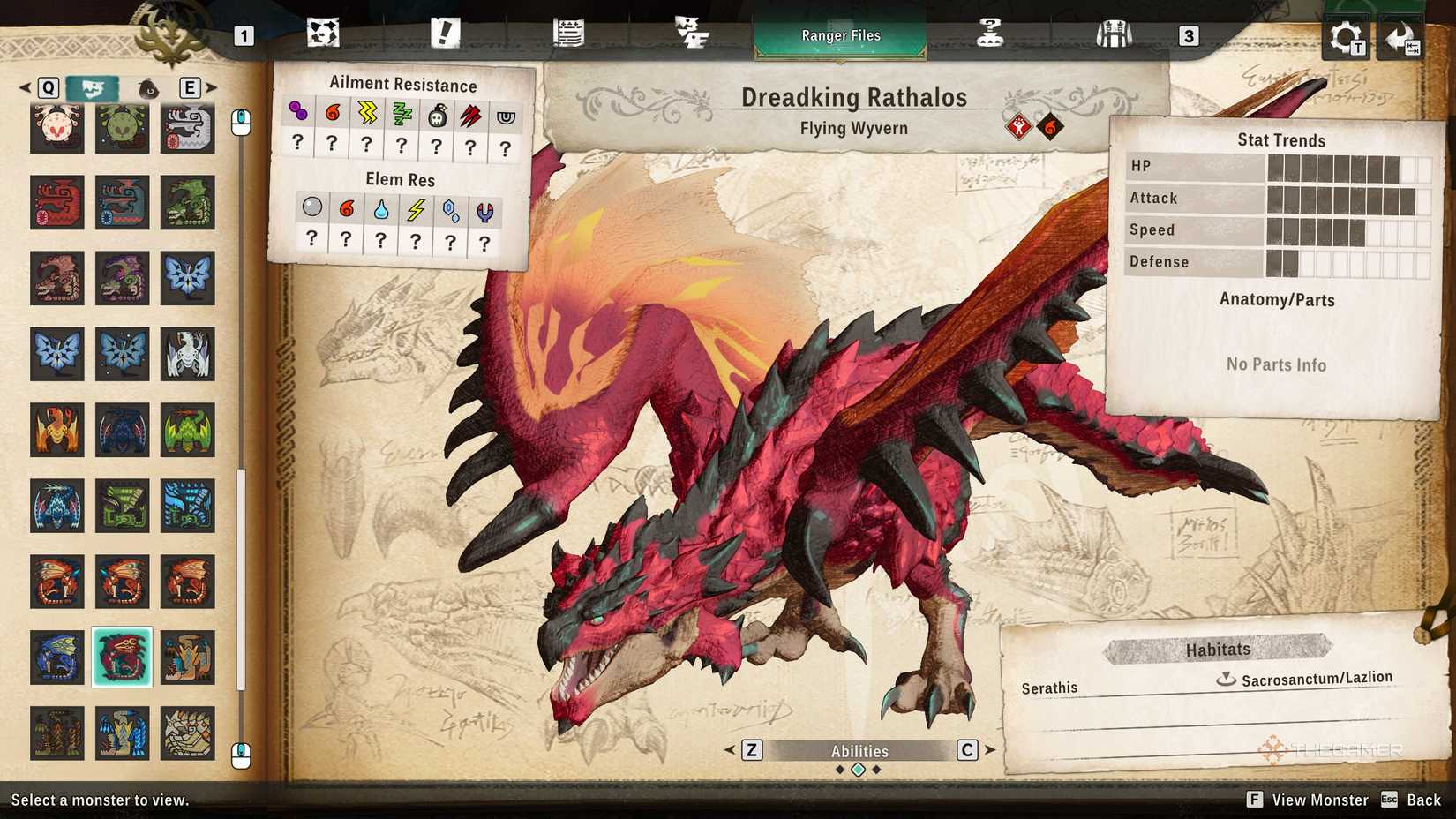 Dreadking Rathalos seen on Monsterpedia in Monster Hunter Stories 3.