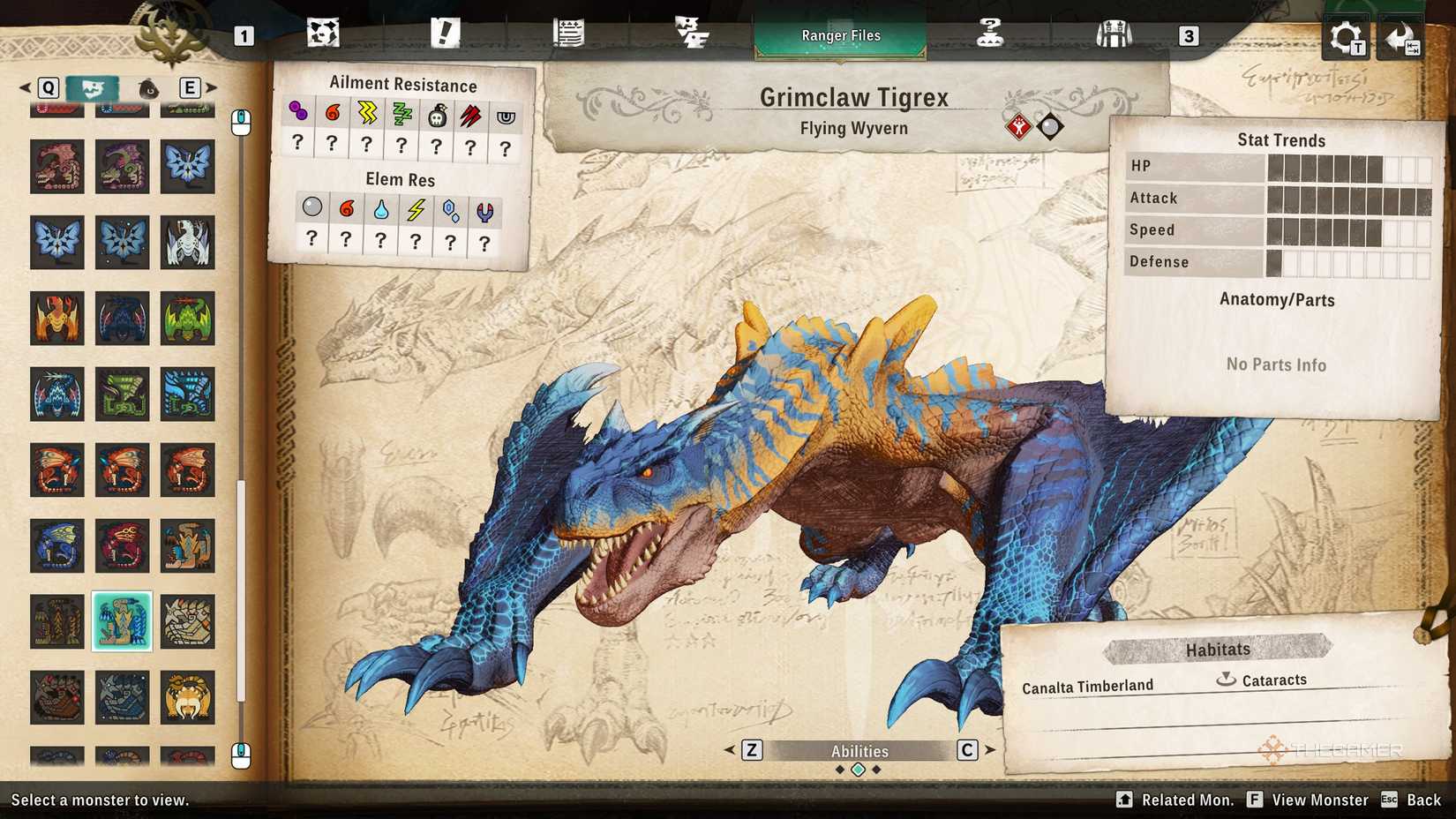 Grimclw Tigrex seen on Monsterpedia in Monster Hunter Stories 3.